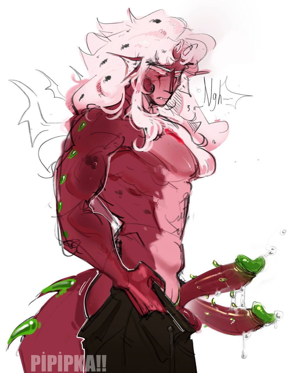 boner, chest, claws, cookie run, cookie run kingdom, cum, diphallia, diphallism, dragon, dragon tail, ejaculation, male, multi genitalia, multi penis, muscular, nonbinary, pants, penis, pink body, pipipka, pitaya dragon cookie, putting clothes on, scales, white hair