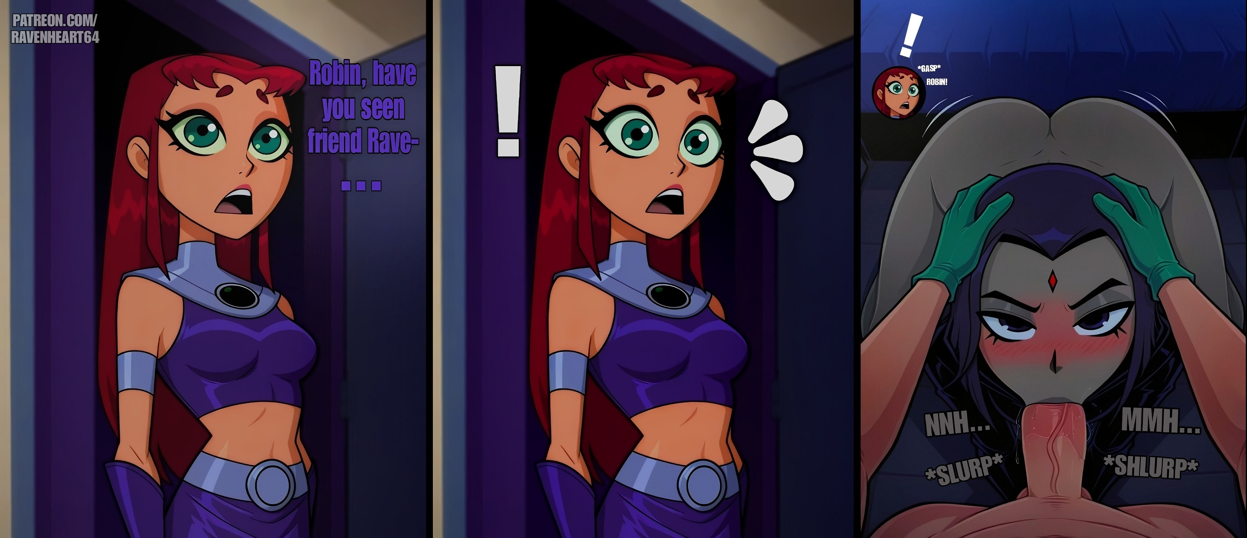 1boy, 2girls, ass, ass shake, blowjob, blush, cartoon network, caught, caught in the act, cheating, comic, dc, dc comics, dialogue, dick grayson, female, green eyes, grey skin, male, orange skin, partial male, pov, pov blowjob, pov eye contact, purple eyes, purple hair, raven (dc), ravenheart64, red hair, robin (dc), robin (dick grayson), sloppy, sloppy blowjob, sound effects, starfire, teen titans, twerk