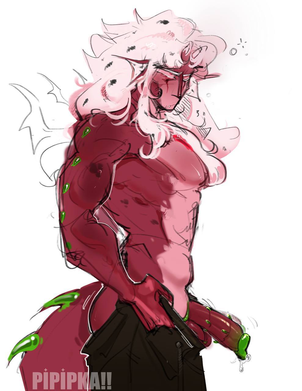 boner, chest, claws, cookie run, cookie run kingdom, diphallia, diphallism, dragon, dragon tail, male, multi genitalia, multi penis, muscular, pants, penis, pink body, pipipka, pitaya dragon cookie, precum, putting clothes on, scales, white hair