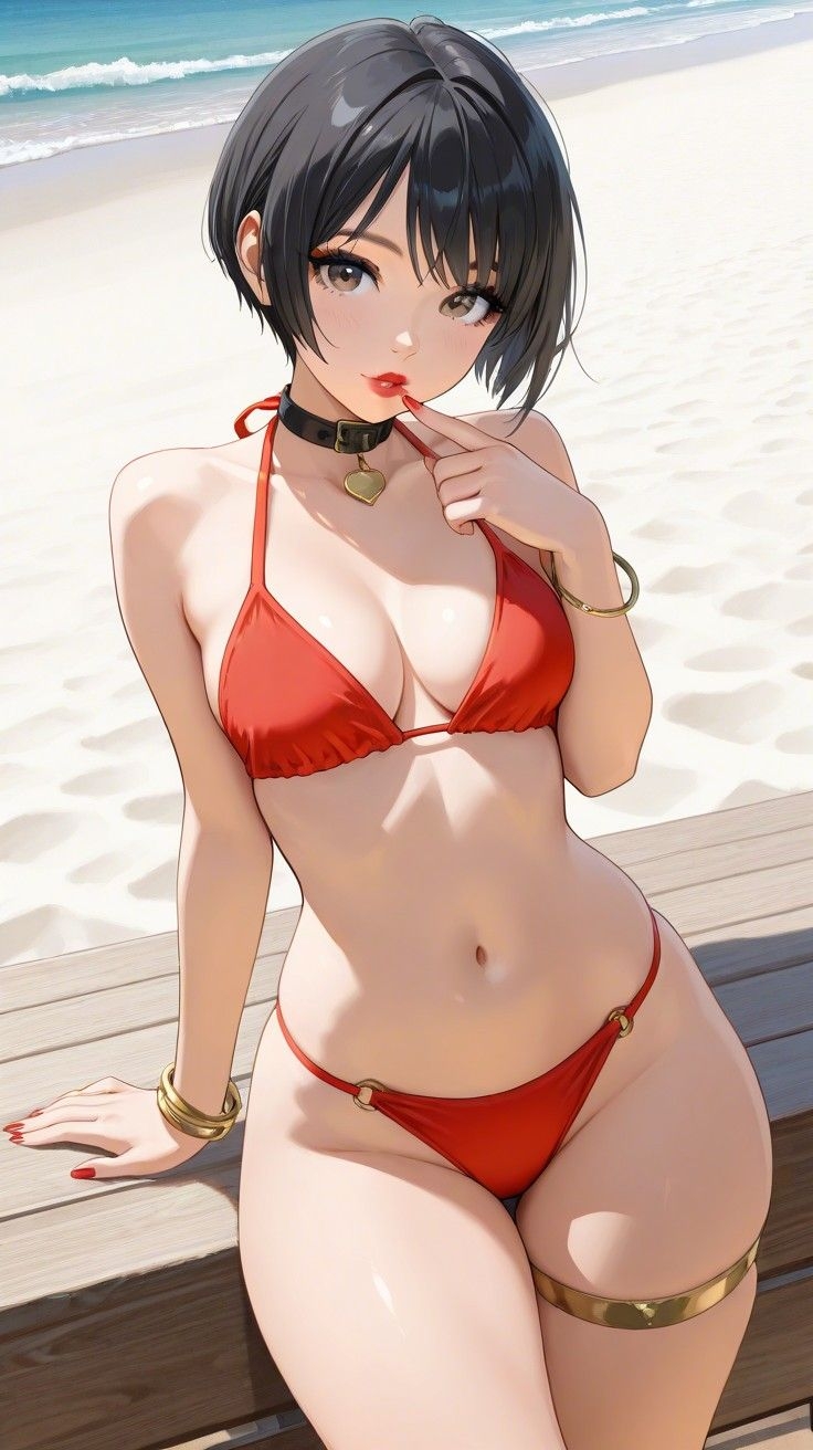 1girls, ai generated, bangs, bare shoulders, beach, belly, belly button, bikini, bikini bottom, bikini top, black hair, bracelet, bracelets, breasts, clothed, clothed female, clothing, collar, collarbone, commentary request, cute, eyelashes, eyeshadow, female, female focus, female only, finger to mouth, girly, grey eyes, lia the busty redhead, lipstick, looking at viewer, makeup, medium breasts, midriff, navel, original, original character, playful, red bikini, red fingernails, red lipstick, red nails, sand, seductive, seductive look, self upload, short hair, sitting, slender body, slender waist, slim, smile, solo, solo female, solo focus, tagme, thick thighs, thighlet, thighs, wide hips
