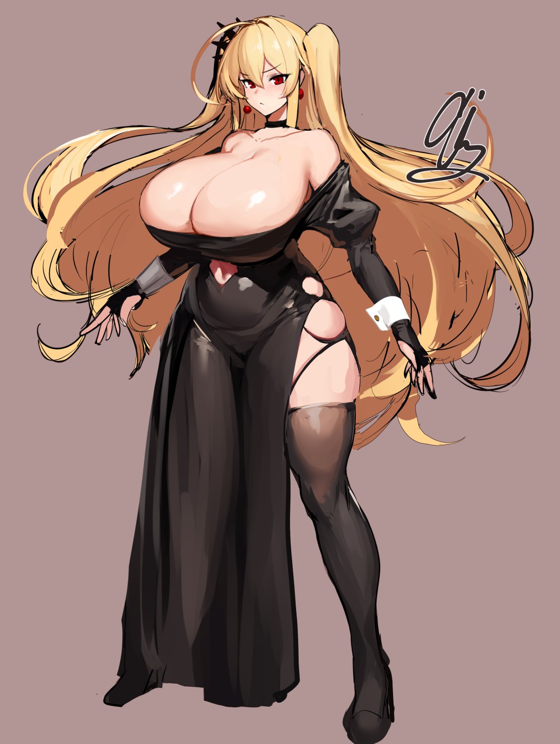 9is artist_name bare_shoulders black_thighhighs blonde_hair breasts collarbone cuffs earrings full_body highres huge_breasts jewelry long_hair original red_eyes shiny_skin simple_background skindentation standing thighhighs twintails white_wrist_cuffs wrist_cuffs
