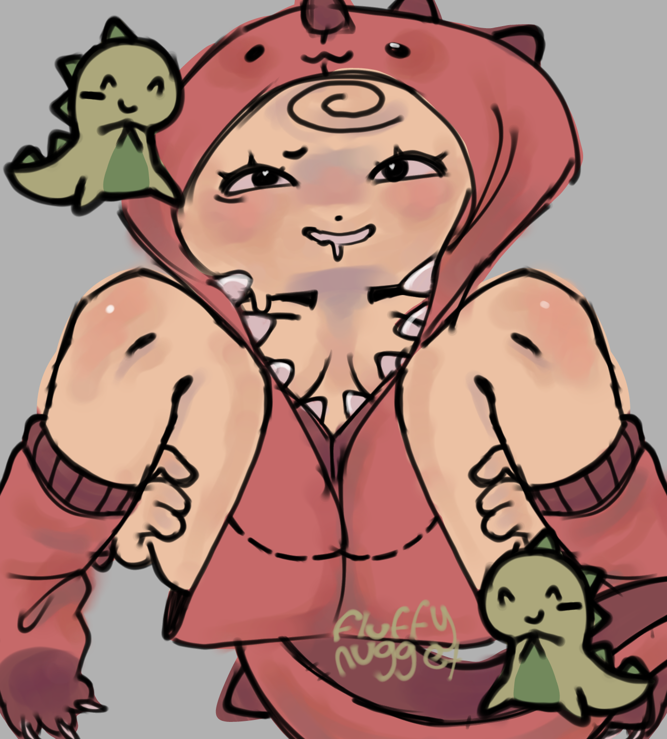 dandy's world, dino snore shelly, dinosaur tail, female, fluffynugget, holding thigh, holding thighs, legs apart, legs held open, onesie, shelly (dandy's world), solo female, sweat