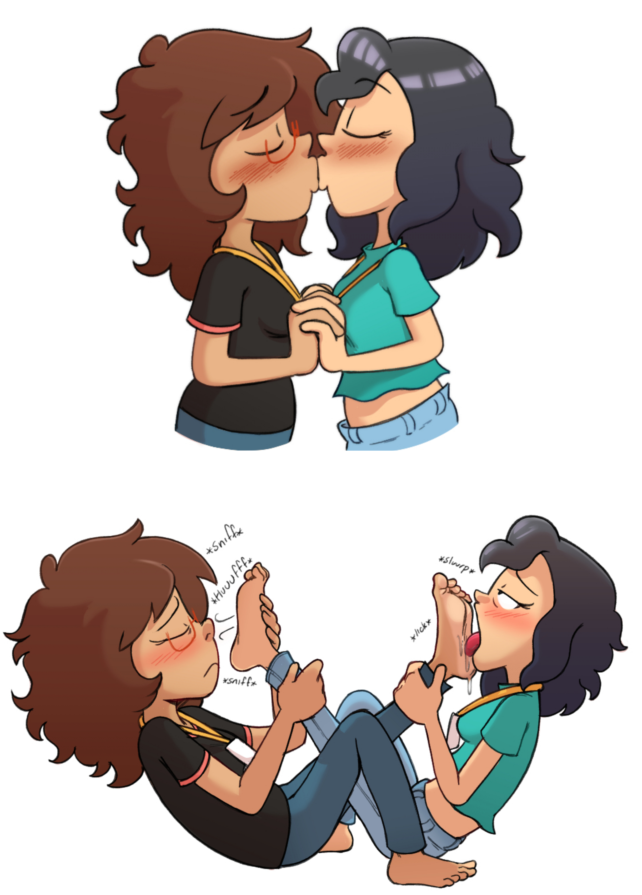 2024, 2girls, barefoot, black clothing, black hair, blush, breasts, brown hair, closed eyes, clothed, elena (elenamics), elenamics, female, fetish, foot fetish, foot focus, glasses, green clothing, kiss on lips, kissing, latina female, lesbian couple, lesbian kiss, licking foot, mannysdirt, medium breasts, medium hair, mexican female, mutual foot worship, nane (nanezilla), nanezilla, no sex, onomatopoeia, saliva, saliva trail, smelling feet, smelly feet, soles, solo female, tan body, tan skin, toes, yuri