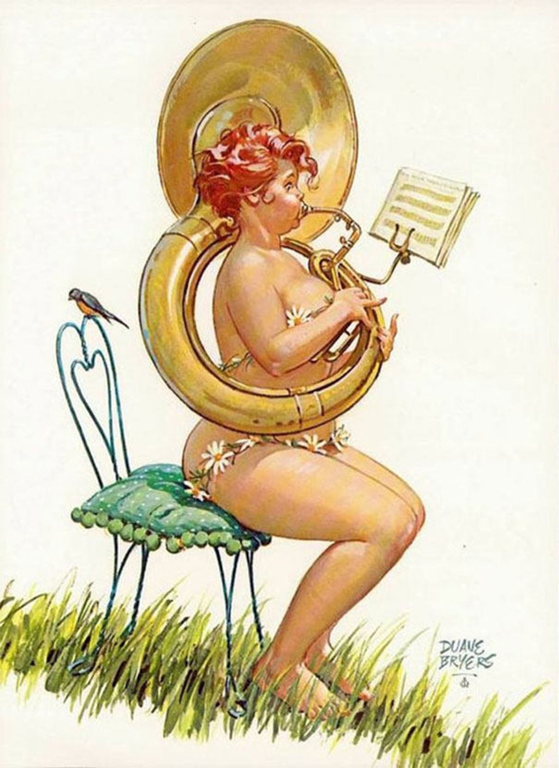1girls barefoot barefoot_on_grass bird brass_instrument breasts casual casual_nudity chair convenient_censoring duane_bryers female fine_art flowers hilda_(duane_bryers) large_breasts musical_instrument nude nudist pinup playing_instrument plump puffed_cheeks red_hair side_view signature sitting slightly_chubby solo solo_female sousaphone thick_thighs tuba