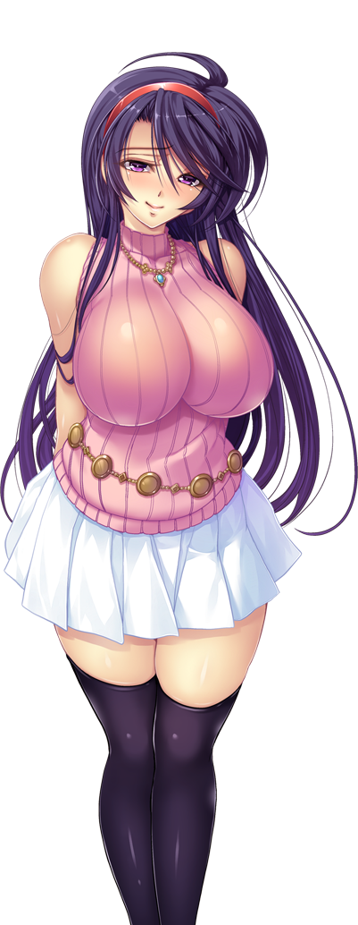 akogare_no_onee-chan_wa_choukyou_shigansha blush head_band huge_breasts kawaraya_a-ta purple_eyes purple_hair smiling tendou_mika thigh_highs