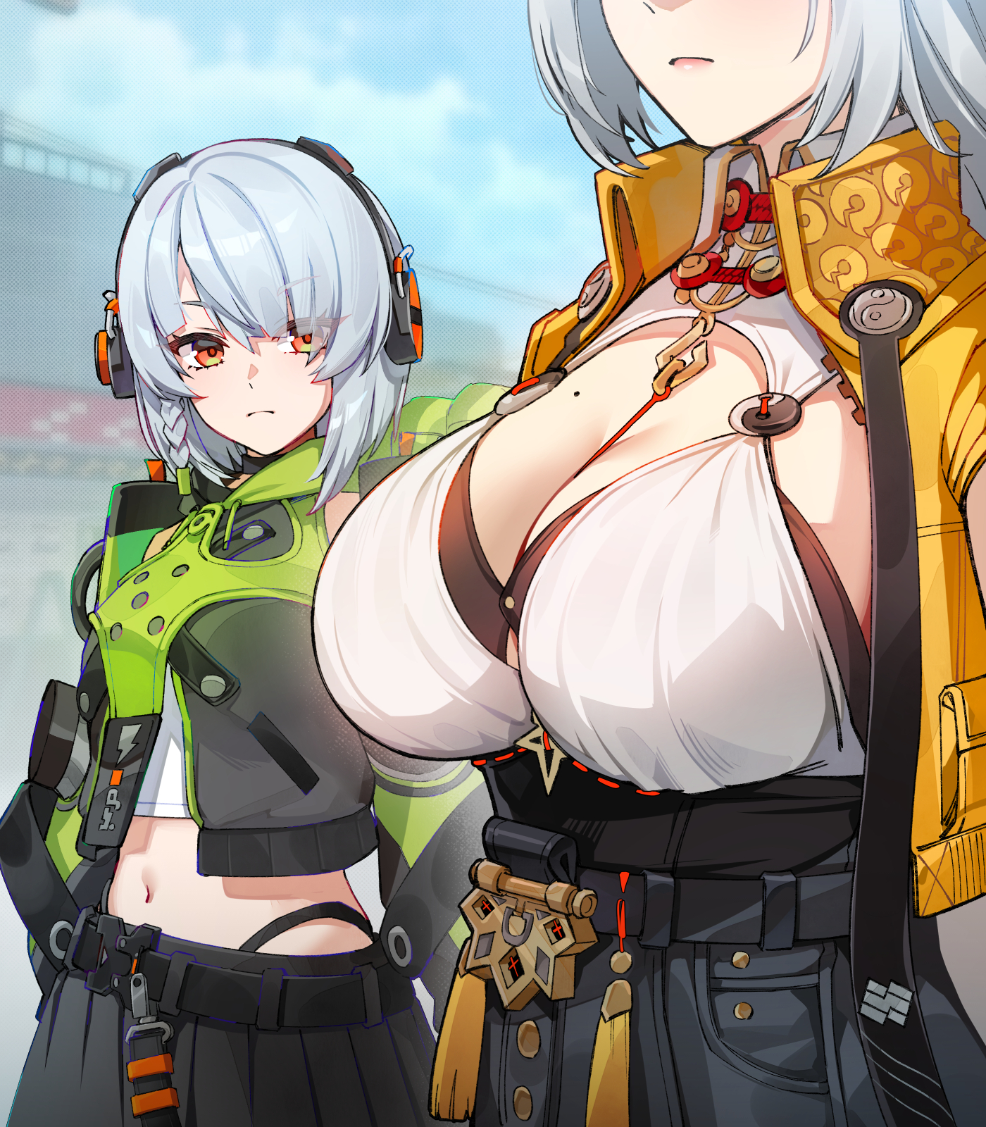 2girls, anby demara, black skirt, blue sky, braid, breast envy, breasts, cleavage, closed mouth, commentary, cropped jacket, cunning hares, day, english commentary, female, female only, foxyreine, grey hair, headphones, highres, jacket, large breasts, looking at another, looking at viewer, midriff, mole, mole on breast, multiple females, multiple girls, navel, open clothes, open jacket, orange eyes, orange jacket, outdoors, shirt, shirt tucked in, short hair, skirt, sky, small breasts, white shirt, yixuan (zenless zone zero), yunkui summit, zenless zone zero
