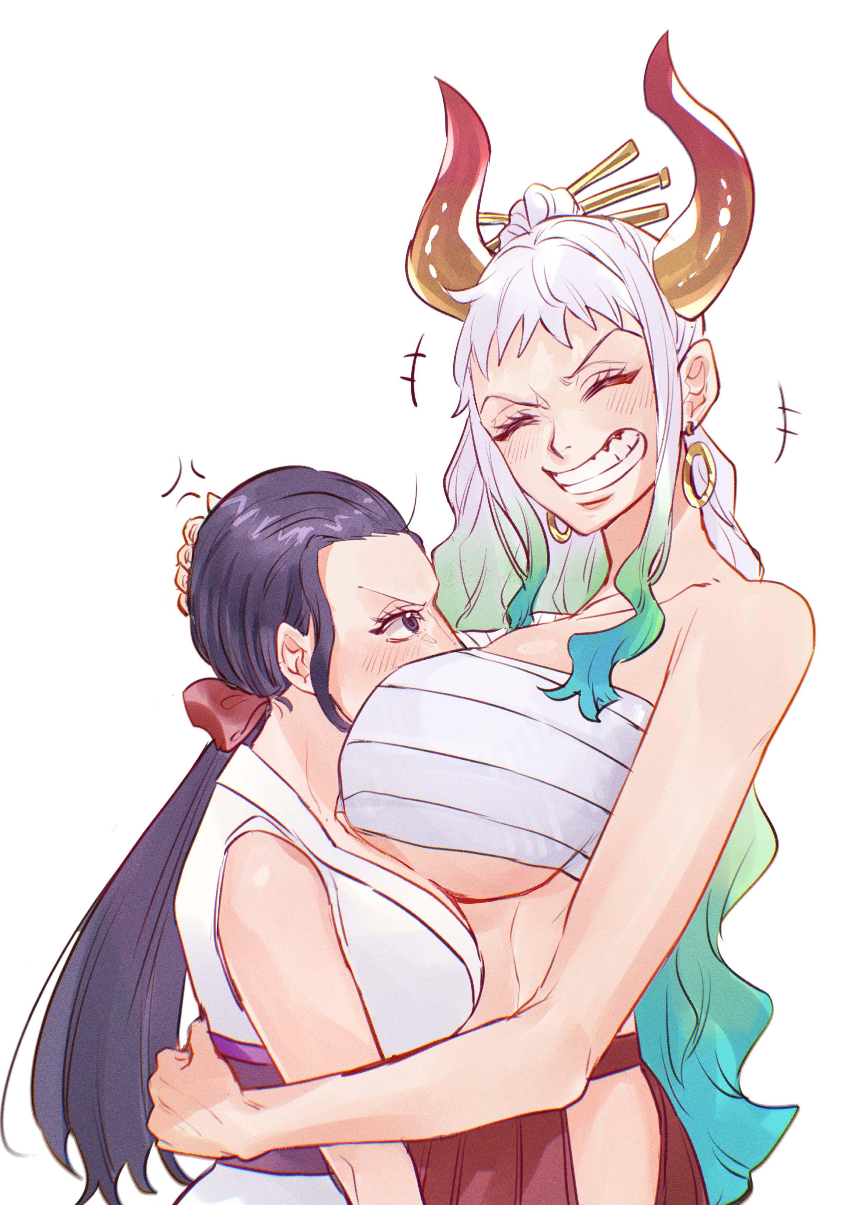 2girls, annoyed, bare arms, big breasts, black hair, black-haired female, blue eyes, blush, breasts, closed eyes, clothing, curvy, curvy figure, earrings, face between breasts, female, female focus, female only, green hair, happy, height difference, horns, hug, huge breasts, large breasts, light skin, light-skinned female, long hair, multiple females, multiple girls, nico robin, one piece, sarashi, sc scandium, simple background, smile, standing, tied hair, two-tone hair, white background, white hair, white-haired female, wide smile, yamato (one piece)