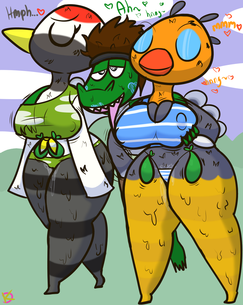 after_sex angry animal_crossing anthro avian big_breasts bird bodily_fluids breast_grab breasts carrying_another clothed clothing condom crocodile crocodilian curvy_figure erect_nipples exhausted female filled_condom gladys_(animal_crossing) group hand_on_breast heart_eyes heart_symbol hourglass_figure kiss_mark klutzatdusk male male/female marcodile_(character) nintendo nipples ostrich ratite reptile sandy_(animal_crossing) scalie sexual_barrier_device shirt skimpy sweat sweaty_legs tank_top thick_thighs topwear trio wide_hips