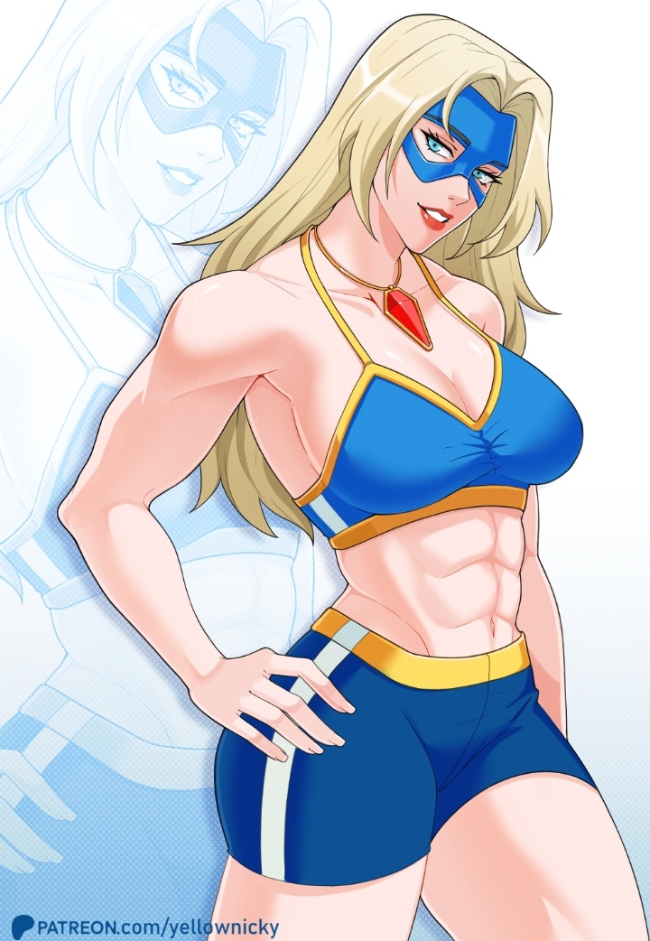1girls, 2026, 2d, 2d (artwork), abs, artist name, athletic, athletic female, blonde blazer, blonde hair, blue bra, blue shorts, bra, collar, deviantart link, dispatch (game), female, female only, fit, fit female, hand on hip, jewelry, light skin, light-skinned female, mask, midriff, no ai, sfw, shorts, solo, solo female, sportswear, superheroine, yellow nicky (artist), yellownicky