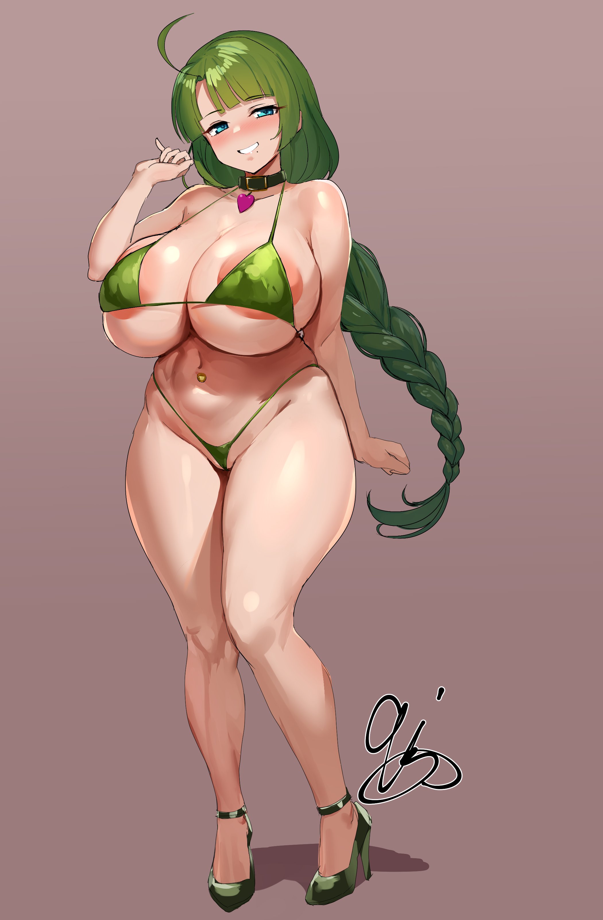 9is, ahoge, ankle strap, areola slip, belt collar, bikini, blue eyes, blush, braid, breasts, cameltoe, cleavage, collar, female, green bikini, green hair, heart pendant, high heels, highleg, highleg bikini, huge breasts, kantai collection, long hair, micro bikini, mole, mole under mouth, navel, navel piercing, piercing, pink background, pussy, signature, smile, solo, standing, swimsuit, thick thighs, thighs, wide hips, yuugumo (kantai collection)