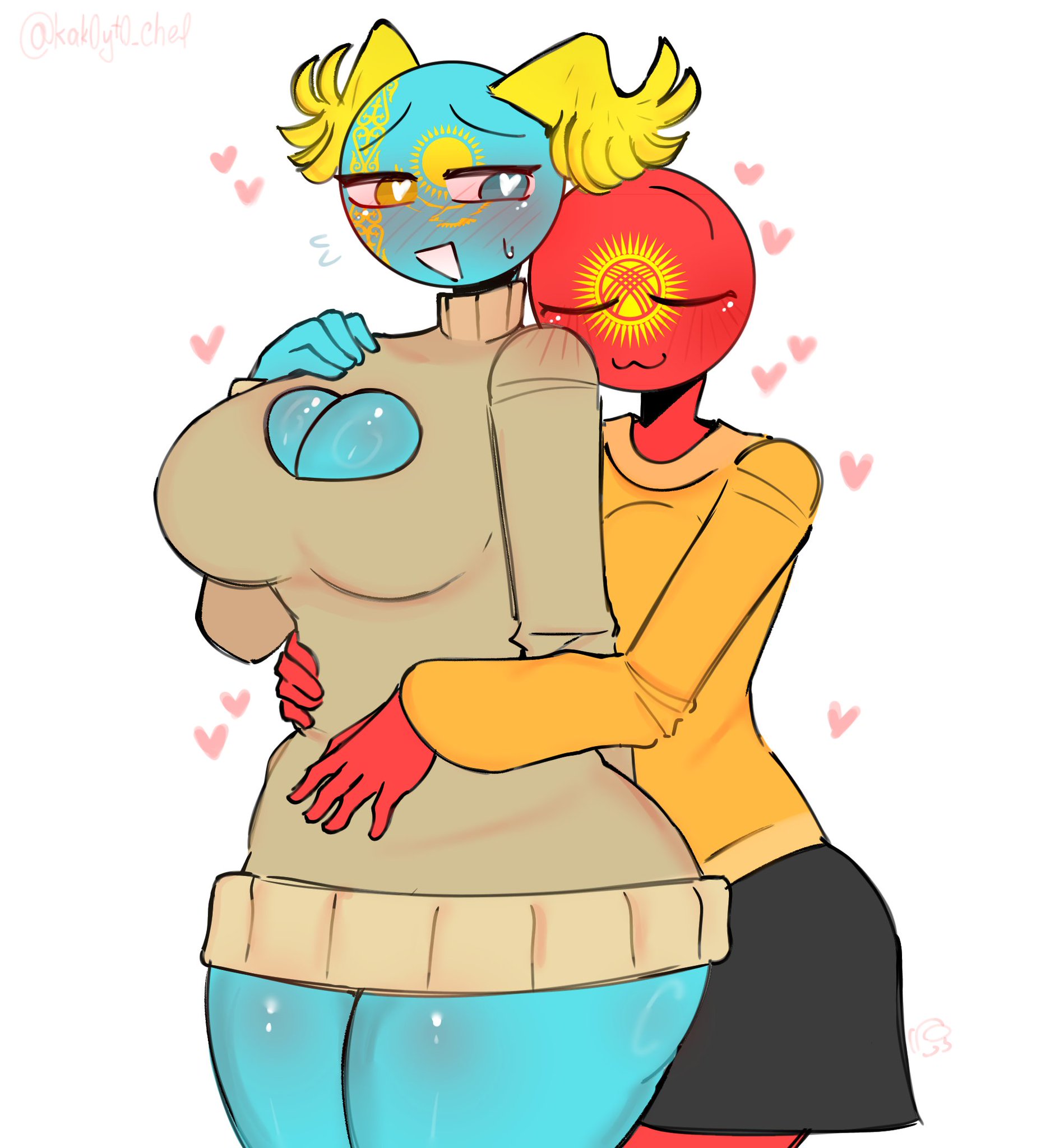 2025, 2d, 2girls, artist name, artist signature, ass, big ass, big breasts, blue skin, breasts, countryhumans, countryhumans girl, curvy, curvy female, curvy figure, cyan body, female, female only, heart, heart eyes, heart-shaped pupils, homosexual, huge ass, huge breasts, hugging, humanoid, kak0yt0 chel, kazakhstan (countryhumans), kyrgyzstan (countryhumans), lesbian couple, love, no futa, red skin, source, turkic, turkic girl, twitter, twitter link, twitter username, wings, yuri