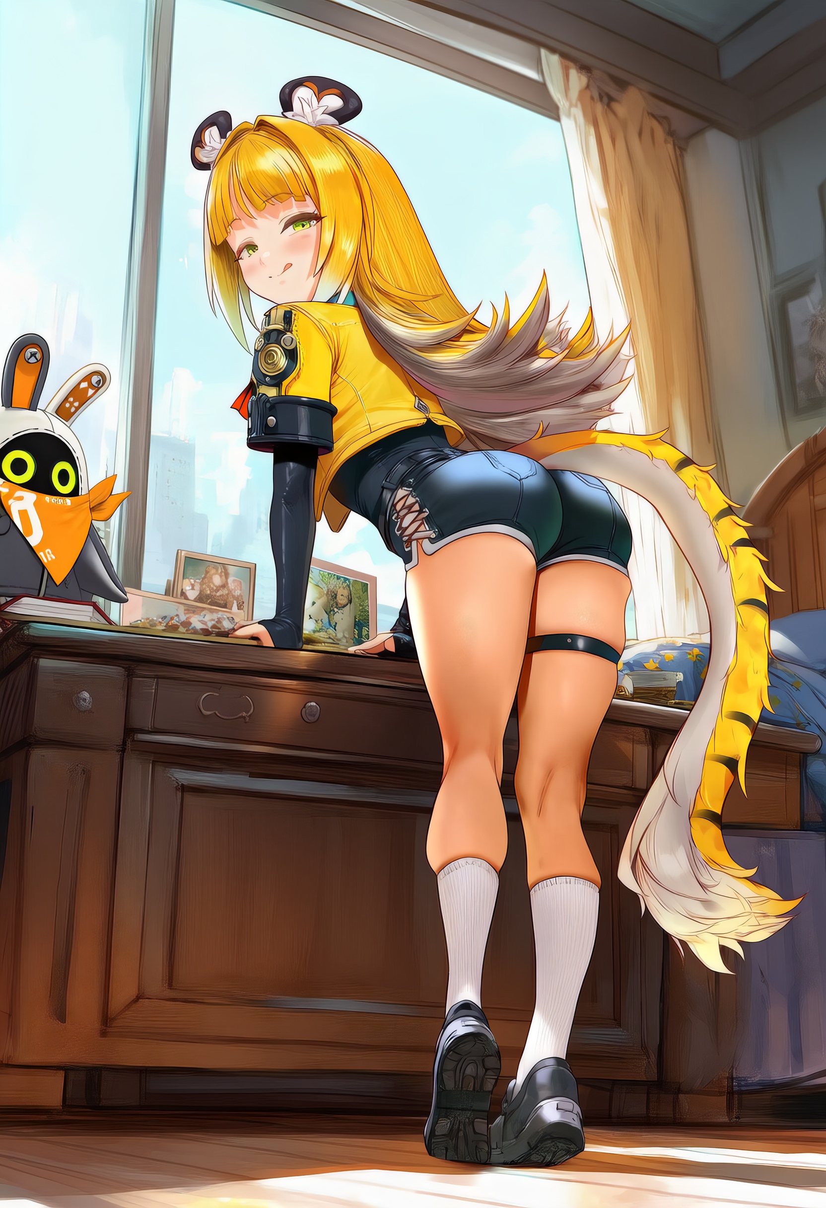 ai generated, artist request, bangboo (zenless zone zero), bedroom, big ass, blonde hair, breasts, female, hoyoverse, ju fufu, small breasts, tiger ears, tiger tail, zenless zone zero