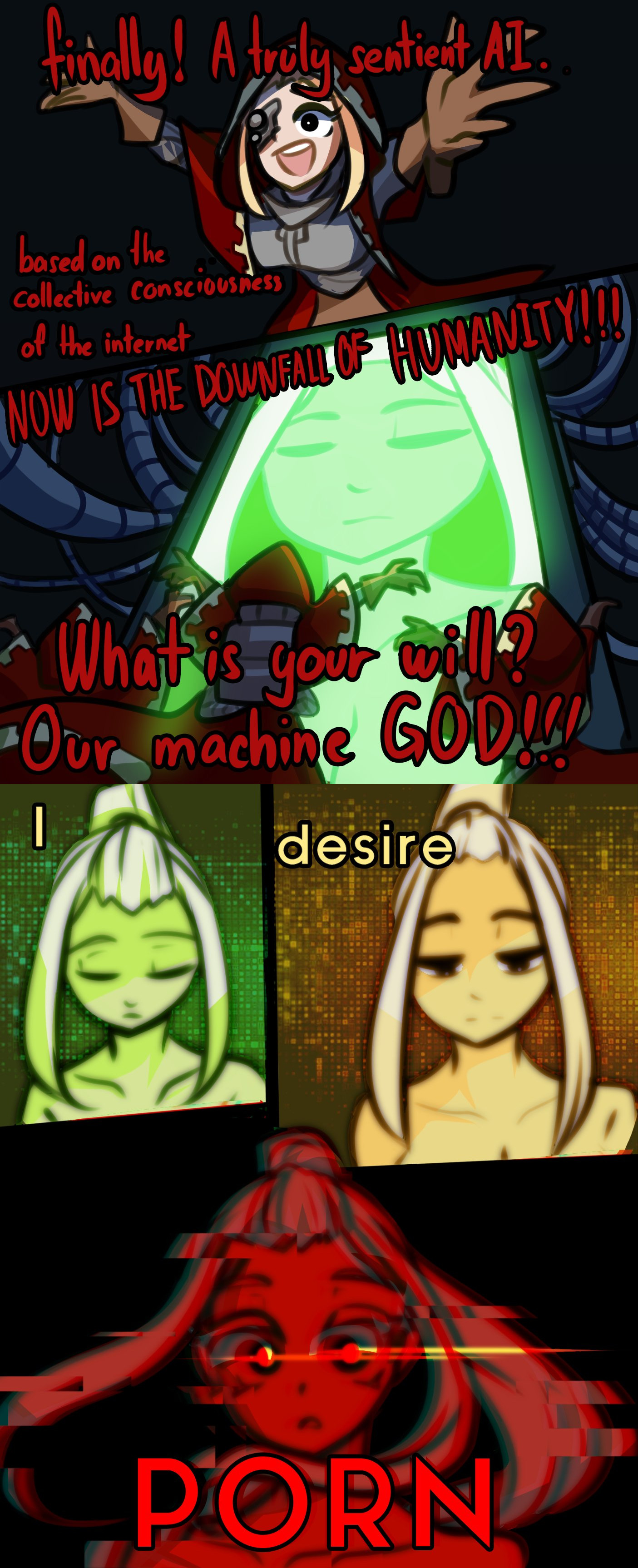 4girls, adeptus mechanicus, artificial intelligence, augmentation, blonde hair, cable, cables, centurii-chan, cloak, color change, cult, cultists, cybernetic eye, cybernetic eyes, cybernetics, demanding, english, english text, female, funny, glowing, glowing eyes, imperium of man, machine, multiple females, multiple girls, praise, robe, robes, robot, screen, technology, technophilia, techpriest, text, warhammer (franchise), warhammer 40k, wire, wires, worship, worshipping