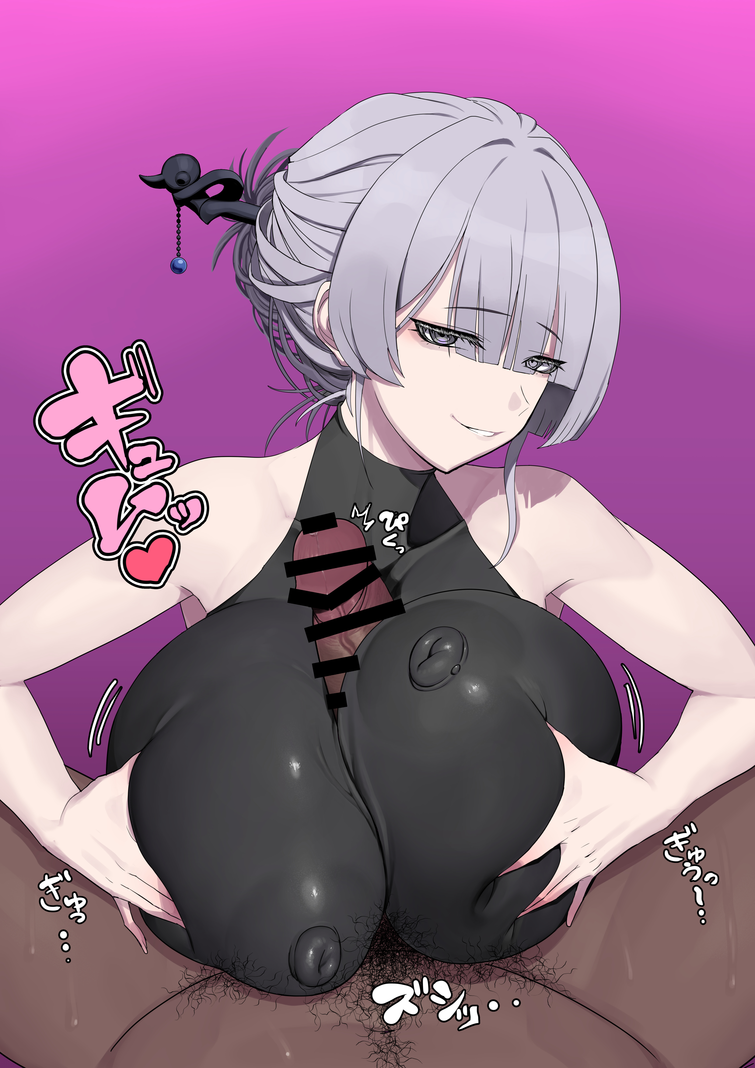 1girls, blunt bangs, breast press, breasts, censor bar, censored, censored penis, dark skin, dark-skinned male, erection, female, grey hair, huge breasts, itokonoue kaoru, japanese text, leotard, light skin, light-skinned female, looking at viewer, male, male pov, nipple bulge, nipples visible through clothing, paizuri, penis, pov, project kv, silver eyes, smile, tied hair, timaturixp, titjob, veiny penis