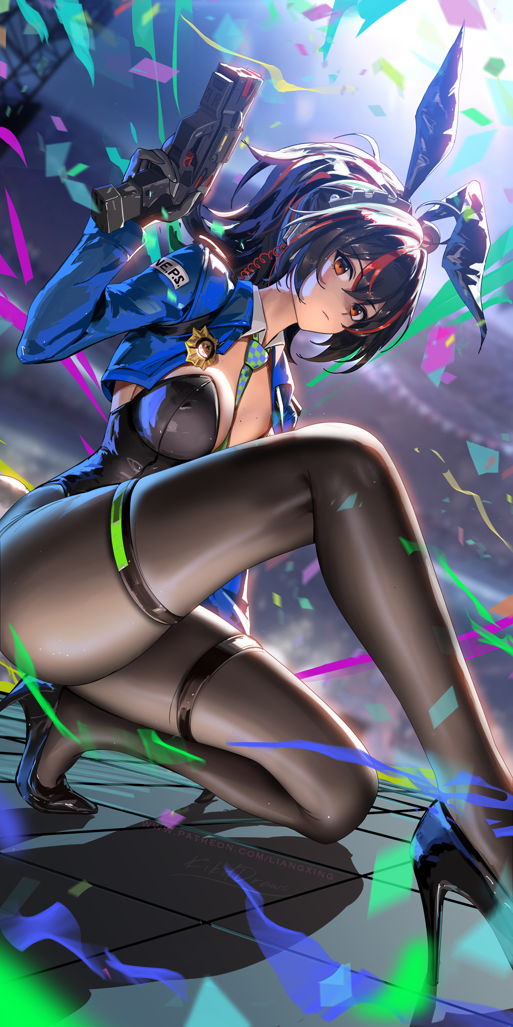 1girls, adapted costume, animal ear hairband, animal ears, black footwear, black hair, black leotard, black pantyhose, blue jacket, breasts, bunny ears, bunnysuit, checkered necktie, cleavage, closed mouth, detached collar, dutch angle, fake animal ears, female, female only, gloves, gun, hairband, high heels, highres, holding, holding gun, holding weapon, jacket, large breasts, leotard, liang xing, looking at viewer, metal hairband, multicolored hair, necktie, on one knee, orange eyes, pantyhose, ponytail, rabbit ear hairband, rabbit ears, red eyes, red hair, solo, strapless, strapless leotard, streaked hair, thigh strap, tie, tie between breasts, weapon, zenless zone zero, zhu yuan