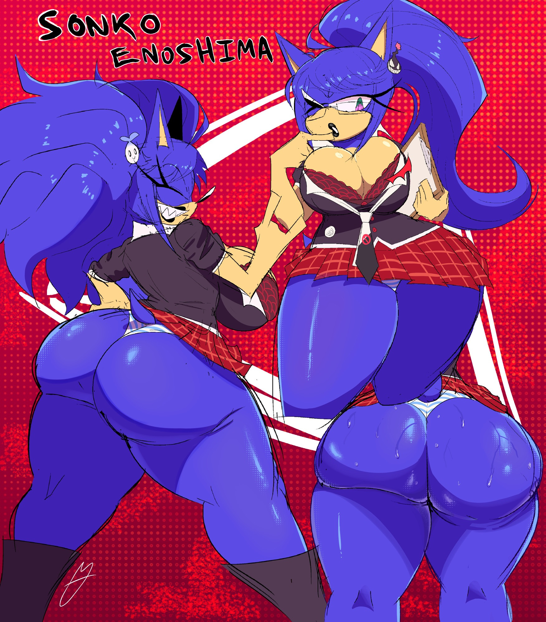 ass, big ass, big butt, corbyschmorby, crossover, danganronpa, female, female only, fusion, huge ass, ineffective clothing, junko enoshima, junko enoshima (cosplay), school uniform, sonic (series), sonic the hedgehog, sonic the hedgehog (series), sonique the hedgehog, sonko enoshima (corbyschmorby), striped panties, sweat, sweatdrop, sweaty, sweaty ass, sweaty butt