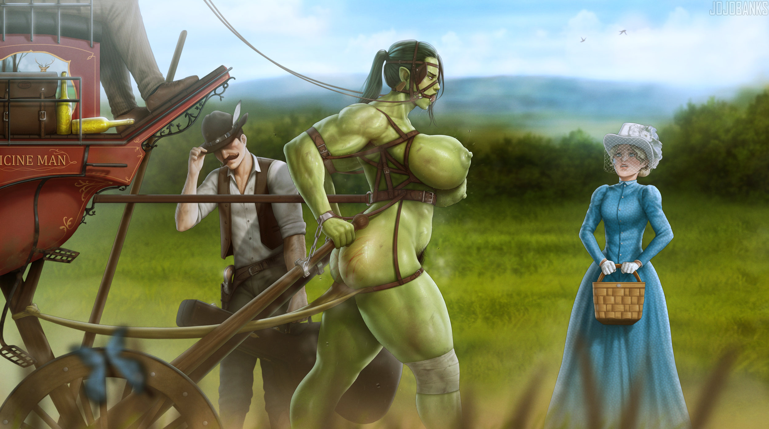 2boys, 2girls, angry, angry expression, armpit hair, arms behind back, ass, ball gag, big ass, big breasts, big thighs, bondage, bound, bound arms, bound wrists, breasts, chains, cowboy hat, cuffed, cuffed wrists, dirt, drool, eyebrow scar, female, femsub, flies, flies for smell, forced, freckles, freckles on ass, freckles on breasts, freckles on shoulders, gag, gagged, gagged drooling, gagged female, green skin, green skinned female, handcuffed, handcuffs, harness gag, head harness, jojobanks, large breasts, long ears, male, muscles, muscular, muscular female, muscular sub, muscular thighs, orc, orc female, original, original character, original characters, ponytail, pubic hair, public, public exposure, public nudity, reins, scars, sweat, sweatdrop, sweating, tall female, taller female, thick thighs, veins, veiny muscles, western, whip marks, wild west