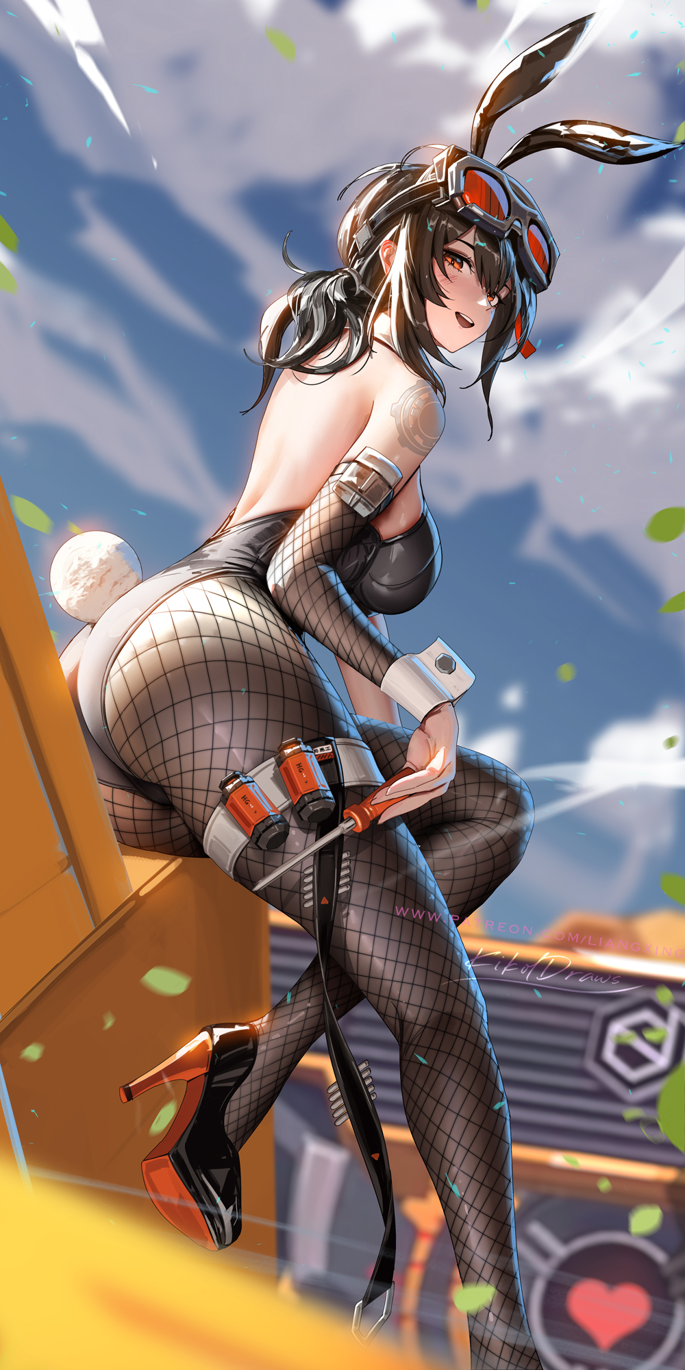 :d, 1girls, 2025, 2d, 2d (artwork), alternate costume, animal ear hairband, animal ears, artist name, ass, backless leotard, black hair, black leotard, blue sky, breasts, cloud, day, fake animal ears, female, female only, fishnet pantyhose, fishnets, foot out of frame, goggles, goggles on head, grace howard, hairband, high heels, highres, holding, holding screwdriver, holster, human, human only, large breasts, leotard, liang xing, long hair, looking at viewer, louboutin (shoes), low ponytail, open mouth, outdoors, pantyhose, playboy bunny, ponytail, questionable, rabbit ear hairband, rabbit ears, rabbit tail, red eyes, screwdriver, shoulder tattoo, sky, smile, smiling at viewer, solo, solo female, tail, tattoo, thigh holster, zenless zone zero