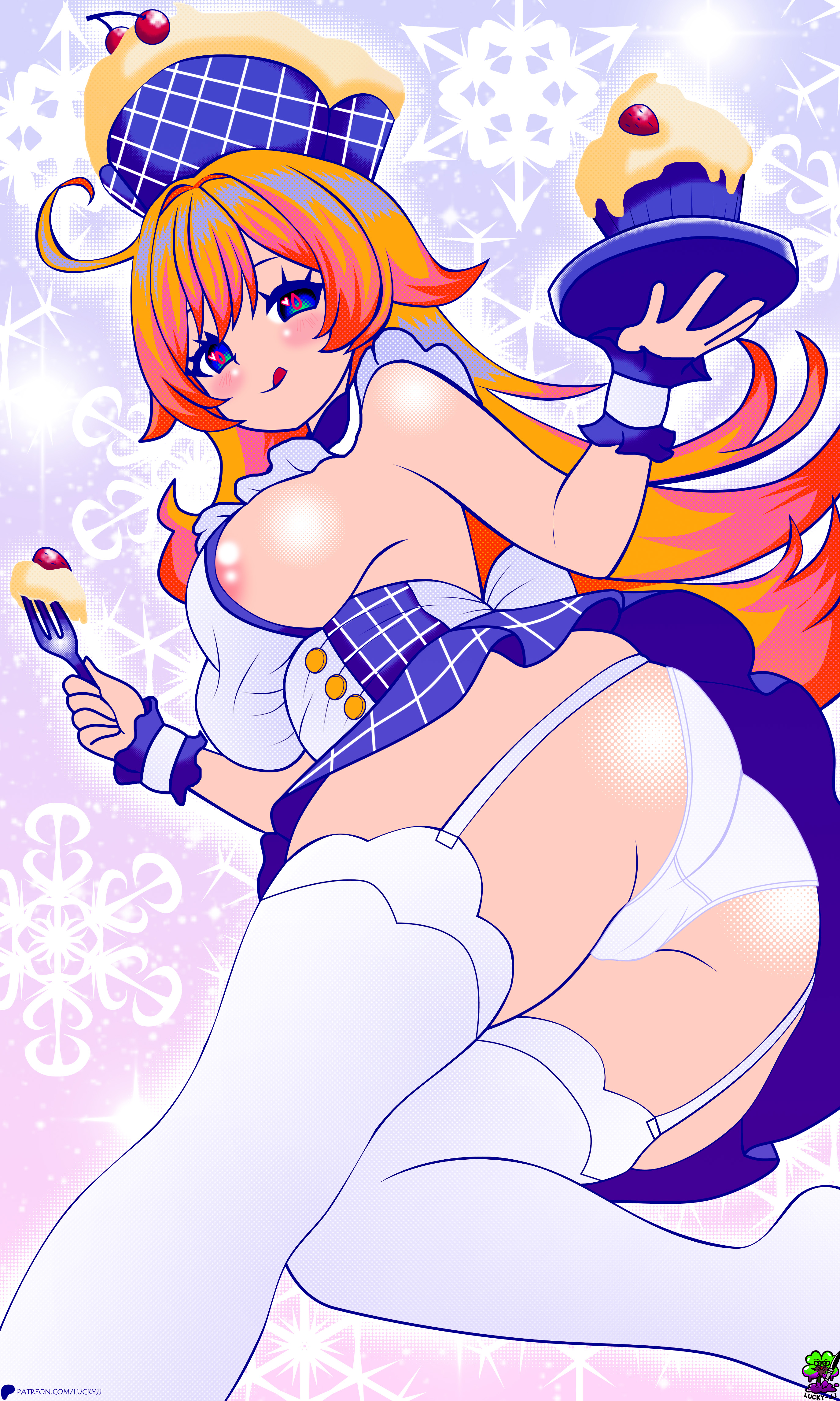 cake, chef, escoffier (genshin impact), female, genshin impact, lucky-jj, maid, simple background, tagme, upskirt, waitress