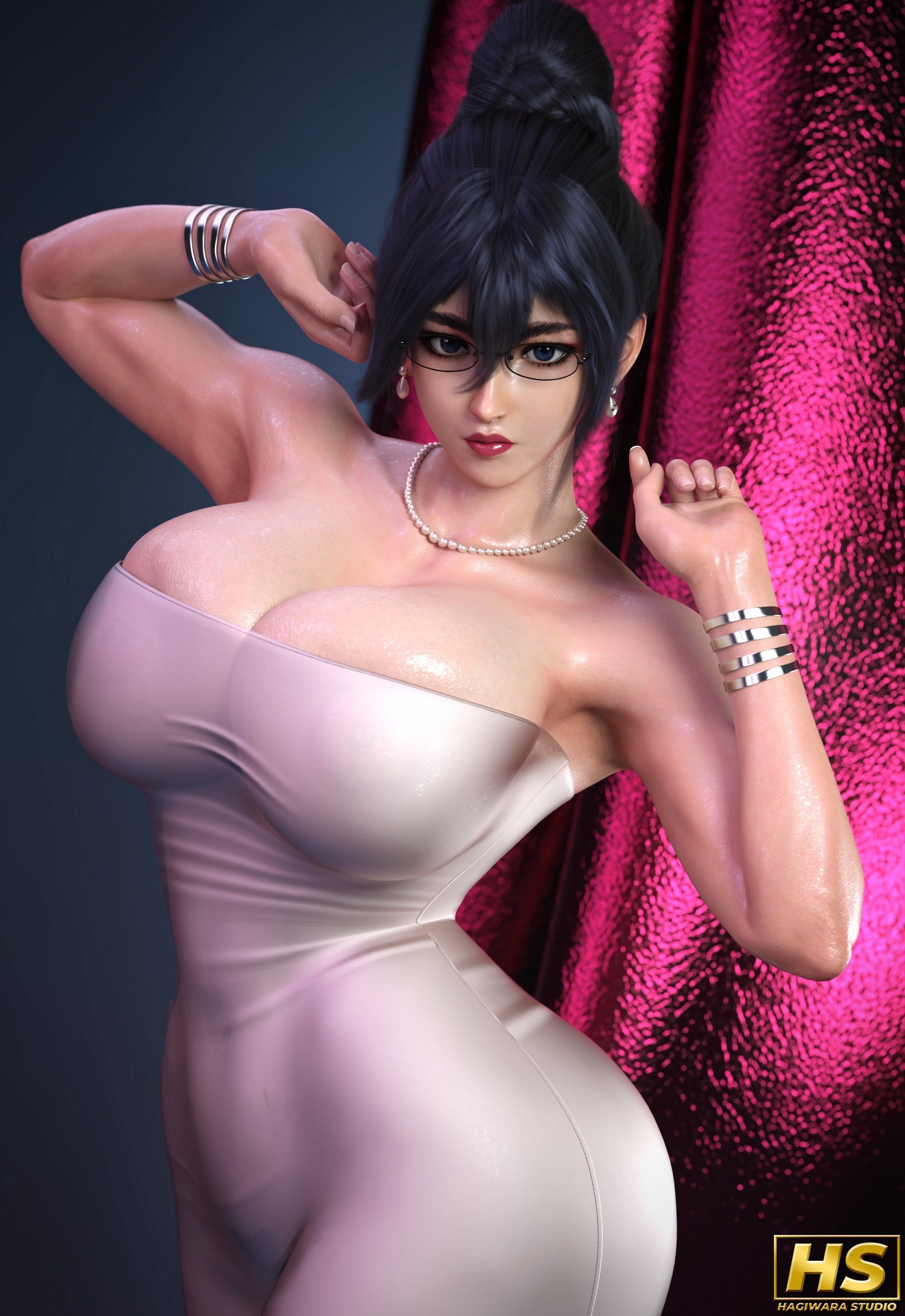 1girls, 2020s, 2025, 3d, 3d (artwork), anime, areolae, areolae visible through clothing, armpits, artist logo, artist signature, ass, bare shoulders, big ass, big breasts, big butt, black hair, blue eyes, bracelets, breasts, cleavage, clothed, clothed female, clothing, colored, curvaceous, curves, curvy, curvy body, curvy female, curvy figure, curvy hips, earrings, female, full color, fumitan admoss, glasses, gundam, gundam tekketsu no orphans, hagiwara studio, hair between eyes, hair bun, hips, huge ass, huge breasts, huge butt, jewelry, large ass, large breasts, large butt, light skin, light-skinned female, lipstick, maid, necklace, nipples, nipples visible through clothing, pearl necklace, pose, posing, pubic hair, red lipstick, seductive, see-through, see-through clothing, strapless dress, thighs, titties, white dress
