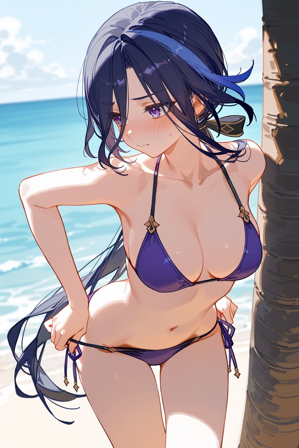 1girls 2d 2d_(artwork) ai ai_generated alternate_costume artist_request beach bikini bikini_bottom bikini_top blush bra clorinde_(genshin_impact) clouds day female female_focus female_only front_view genshin_impact light-skinned_female light_skin long_hair looking_back ocean outdoors palm_tree purple_bikini purple_bikini_bottom purple_bikini_top purple_eyes purple_hair purple_swimsuit sand sky slim_girl solo solo_female solo_focus standing summer swimsuit thong thong_bikini tree two_piece_swimsuit water young younger_female