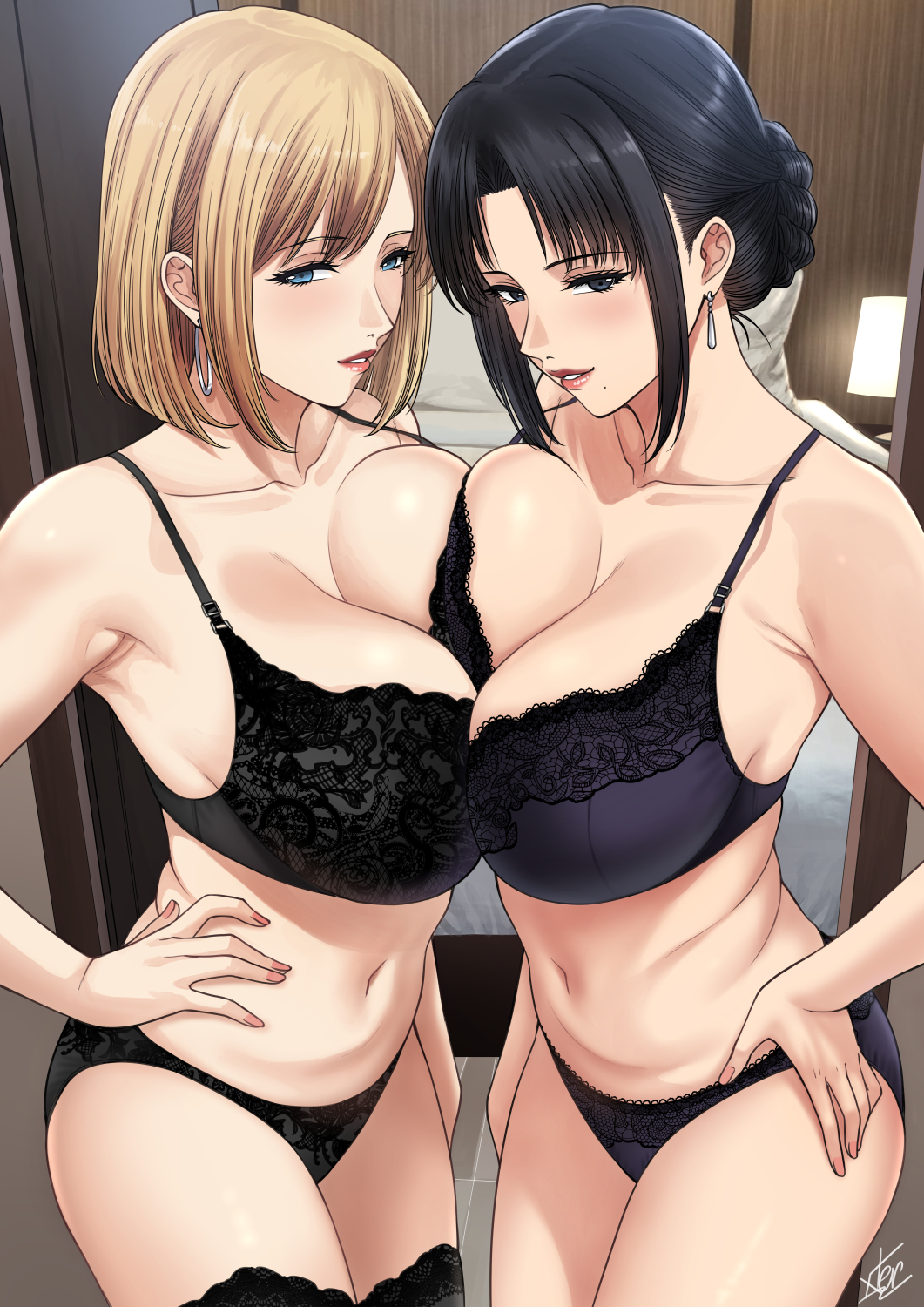 2girls armpits asymmetrical_docking bare_shoulders bedroom black_bra black_eyes black_hair black_panties black_thighhighs blonde_hair blue_eyes blush bra braid breast_press breasts cleavage collarbone cowboy_shot earrings female fingernails hair_bun hand_on_own_hip huge_breasts indoors jewelry lace lace-trimmed_bra lace_trim large_breasts lingerie lips looking_at_viewer mature_female mole mole_under_mouth multiple_girls nail_polish navel nina_hong_(xter) nush_(xter) panties parted_bangs parted_lips pink_nails purple_bra purple_panties short_hair sidelocks signature single_hair_bun smile standing stomach symmetrical_docking thighhighs thighs underwear underwear_only xter