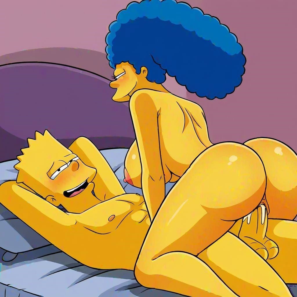 adult, ai generated, arms behind head, bart simpson, bedroom sex, bedsheets, blue hair, breasts, cum drip, cum in pussy, edit, female, incest, large breasts, marge simpson, mother and son, post-orgasm, pussy, spread legs, the simpsons, yellow skin