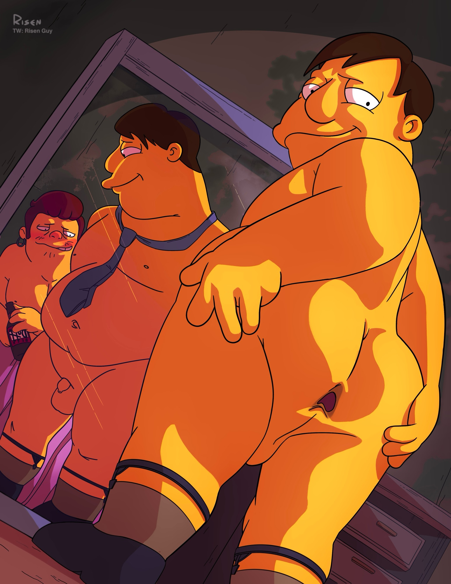 2boys, balls, bara, beard, garter straps, gay, male, male only, mayor quimby, micropenis, multiple boys, multiple males, penis, risenguy, small penis, snake jailbird, spreading ass, the simpsons, tie, yaoi