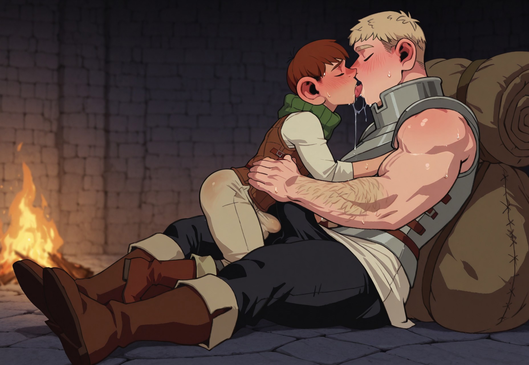 ai generated, armor, biceps, big biceps, blonde hair, blush, brown hair, bulge, bulge size difference, bulges touching, chilchuck tims, closed eyes, clothed, clothing, dungeon meshi, french kiss, ginger himboo, hairy, hairy arms, hairy male, holding each other, holding waist, kissing, laios touden, male, male only, muscles, muscular, muscular male, saliva, saliva drip, saliva string, sitting between legs, size difference, sweating