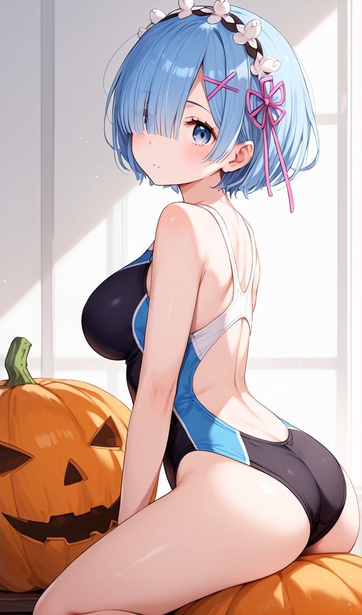 1girls, ai generated, ass, ass focus, competition swimsuit, female, one-piece swimsuit, re:zero kara hajimeru isekai seikatsu, rem (re:zero)