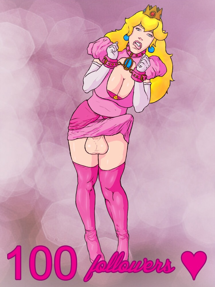 blonde_hair bondage breasts cameltail cleavage detached_sleeves dress dress_lift erection futanari gray_eyes hair high_heels huge_cock huge_testicles intersex long_hair makeup mario_(series) nintendo parted_lips penis princess_peach testicles thick_lips thighhighs yuca