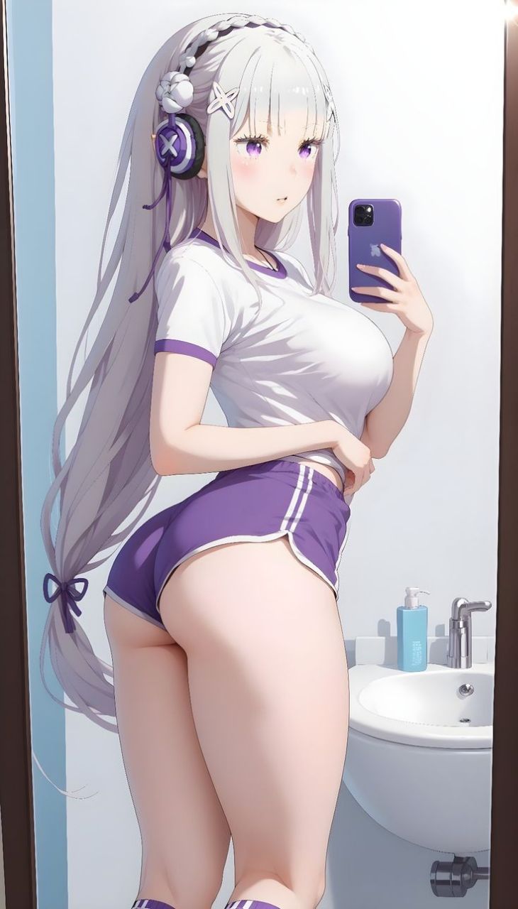 1girls ai_generated ass ass_focus emilia_(re:zero) female headphones phone re:zero_kara_hajimeru_isekai_seikatsu sportswear