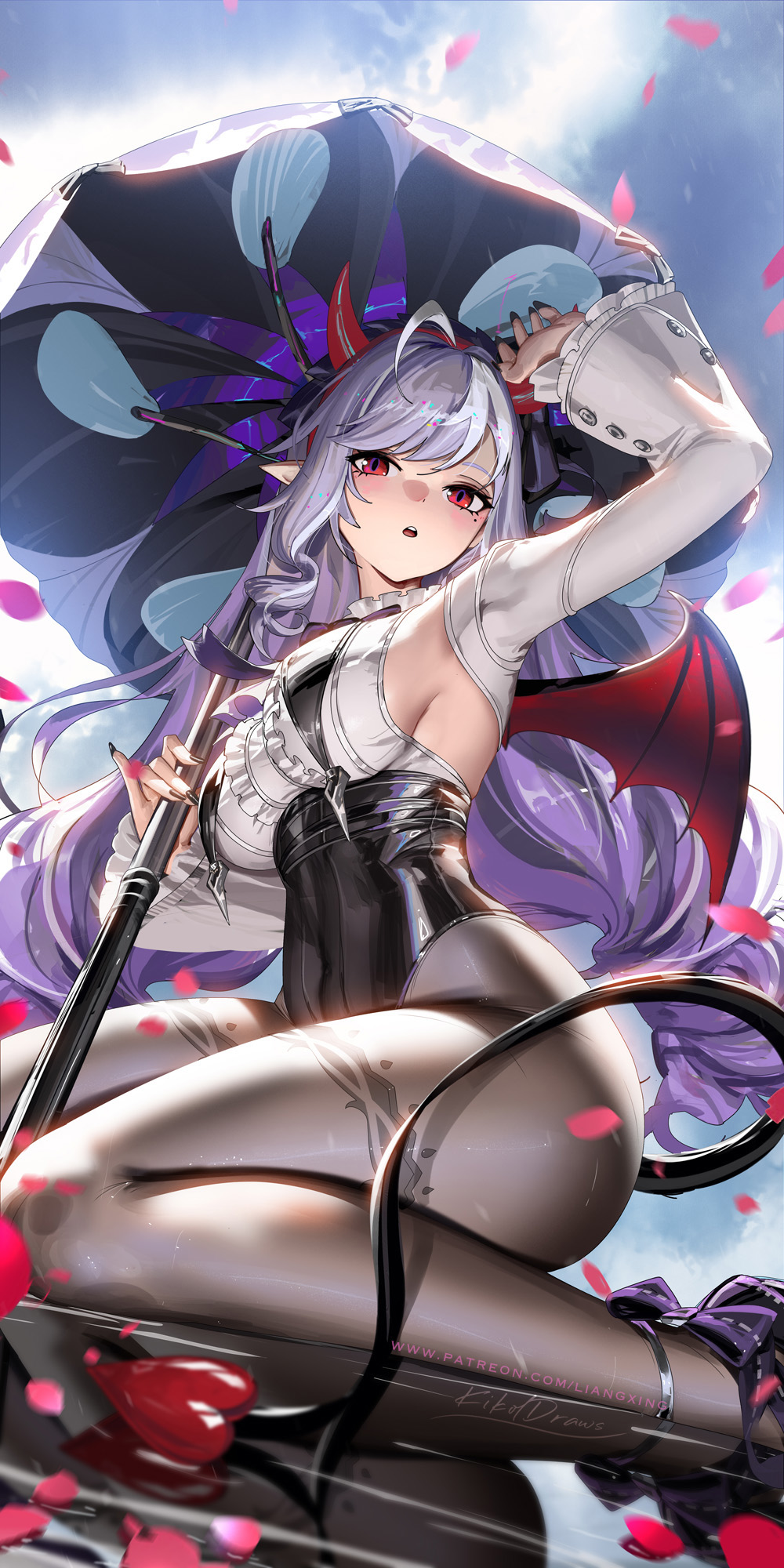 1girls 2d arm_up artist_name artist_signature big_breasts black_nails black_pantyhose blush commentary demon_girl demon_horns demon_tail demon_wings english_commentary falling_petals female female_only fingernails from_below fully_clothed highres holding holding_umbrella horns large_breasts liang_xing long_fingernails long_hair looking_at_viewer mole mole_under_eye multicolored_hair pantyhose parted_lips petals pointy_ears purple_hair red_eyes solo streaked_hair tail thighs umbrella vivian_(zenless_zone_zero) white_hair wings zenless_zone_zero