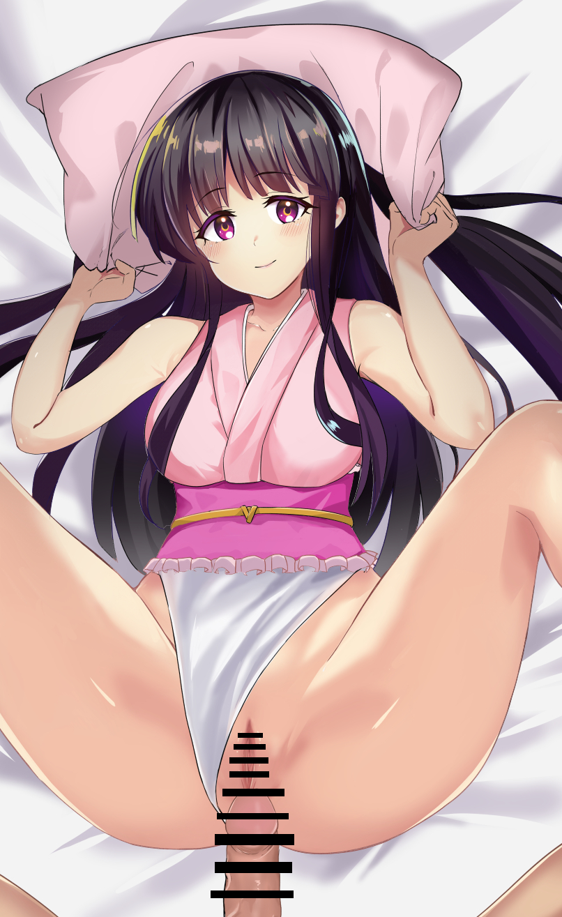 1boy bar_censor black_hair breasts censored closed_mouth clothed_female_nude_male clothing_aside female frilled_leotard frills from_above highres hime_cut houraisan_kaguya kuretudenn leotard leotard_aside long_hair looking_at_viewer lying medium_breasts nude on_back penis pillow pink_eyes pink_leotard pussy smile solo_focus spread_legs straight touhou touhou_tag_dream wrestling_outfit