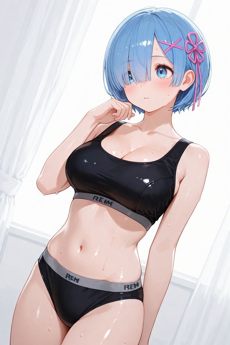 1girls, ai generated, female, re:zero kara hajimeru isekai seikatsu, rem (re:zero), solo, sports bra, sportswear, wet