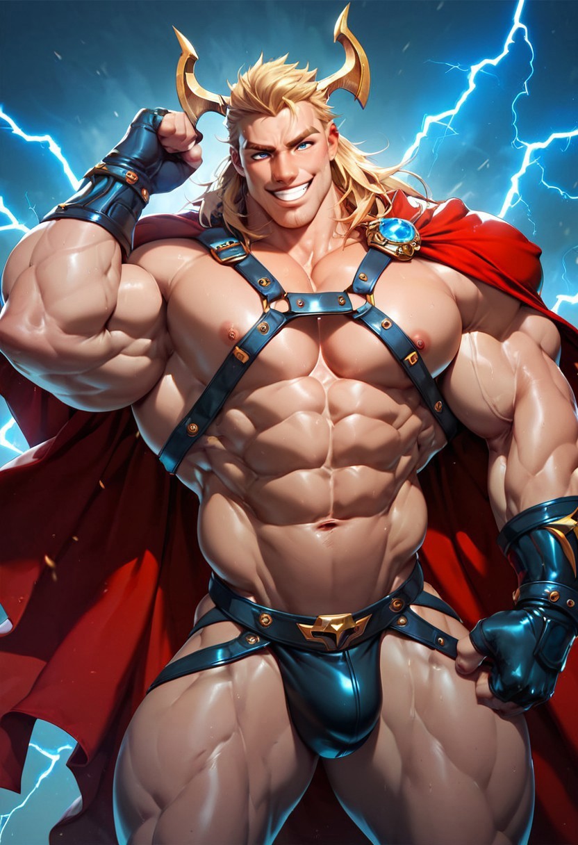 abs ai_generated bara biceps big_chest big_muscles blonde_hair cape electricity hammer hand_on_chest handsome harness jockstrap lightning male male_focus male_only marvel marvel_cinematic_universe marvel_comics masculine muscles muscular muscular_male obliques pec_grab pecs pectorals solo solo_male superhero thor:_love_and_thunder thor_(marvel) yaoi