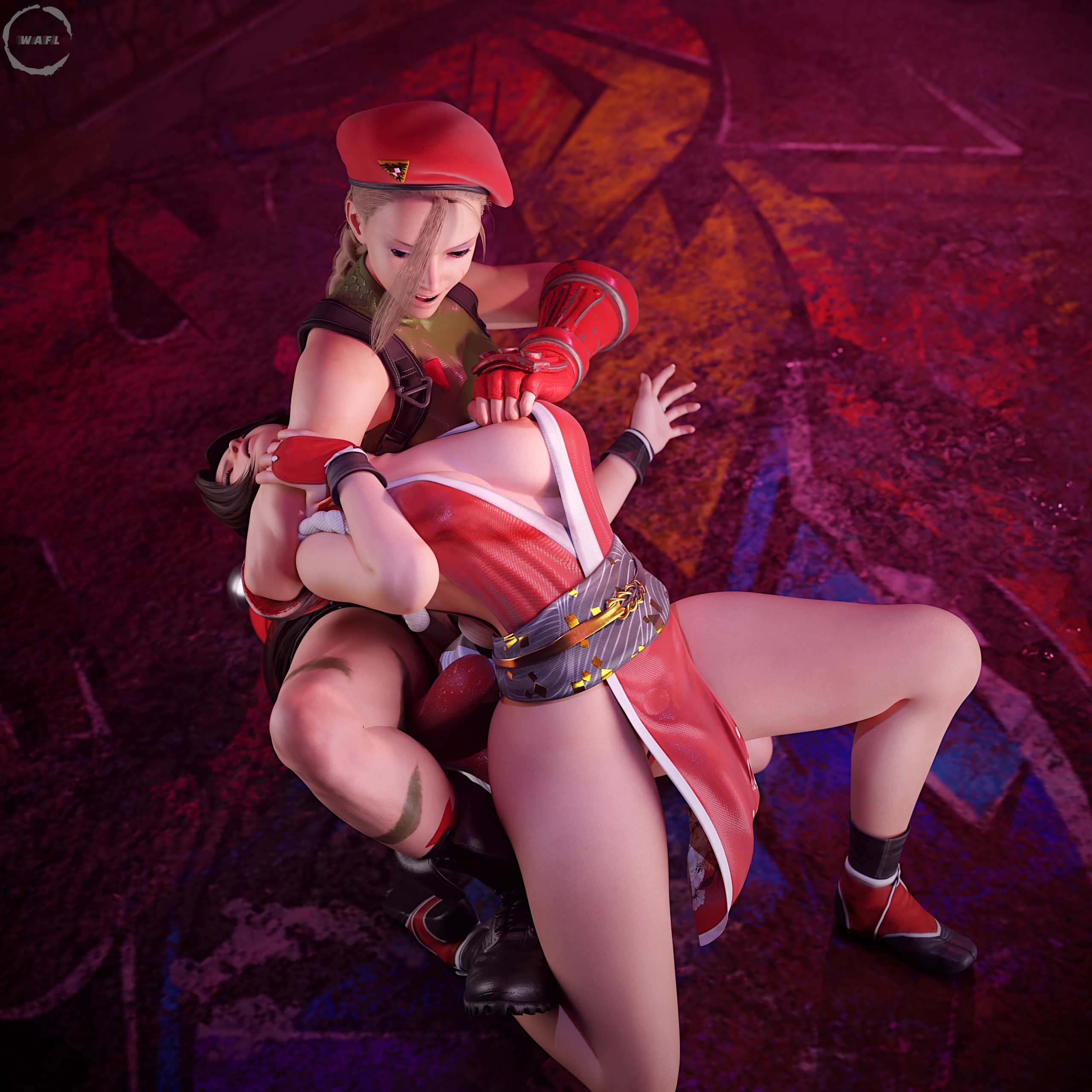 3d, 3d (artwork), blonde hair, boots, breasts, british, british female, brown hair, cammy white, catfight, competitive, competitive intercourse, competitive sex, crossover, exposed breasts, exposed nipples, exposing chest, fatal fury, female, fight, fighting, grabbing nipple, interracial, japanese clothes, japanese clothing, japanese female, king of fighters, mai shiranui, nipple play, sexfight, street fighter, submission hold, thick thighs, thighs, wafl4k, wrestling, yuri