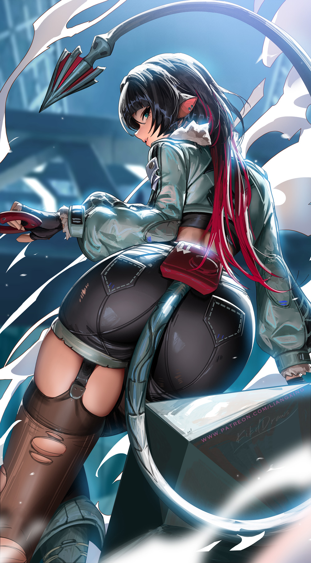 1girls, animal ears, ass, black gloves, black hair, black shorts, black thighhighs, blunt bangs, female, female only, fingerless gloves, from behind, fur trim, fur-trimmed jacket, gloves, green eyes, green jacket, highres, holding, holding knife, jacket, jane doe (zenless zone zero), knife, liang xing, long hair, looking at viewer, looking back, mouse ears, mouse girl, mouse tail, multicolored hair, outdoors, pantyhose, red hair, shorts, single thighhigh, smile, solo, tail, thighhighs, thighs, torn clothes, torn pantyhose, torn thighhighs, two-tone hair, zenless zone zero
