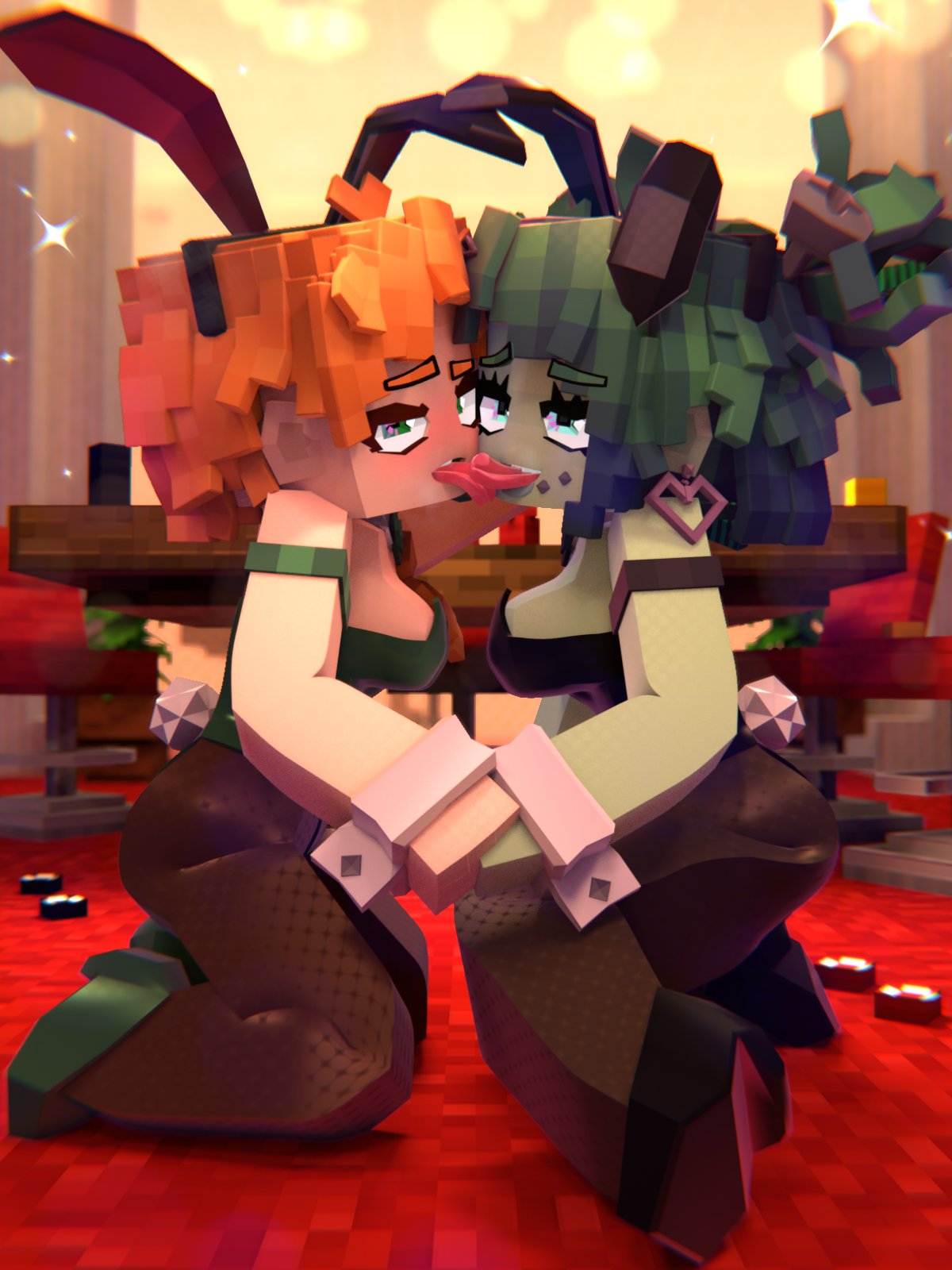 2girls, 3d, alex (minecraft), beveledblock, blue eyes, breasts, bunnysuit, carrot, casino, earrings, easter, easter egg, erect nipples, fake bunny ears, female, female/female, green body, green eyes, green hair, horny female, human female, indoors, kissing, light skin, light-skinned female, looking at viewer, mine-imator, minecraft, monster girl, nipple piercing, nipples, orange hair, piercing, piercings, playboy bunny costume, sitting down, smile, solo, tagme, thick thighs, tongue, tongue out, yuri, zombae (beveledblock)
