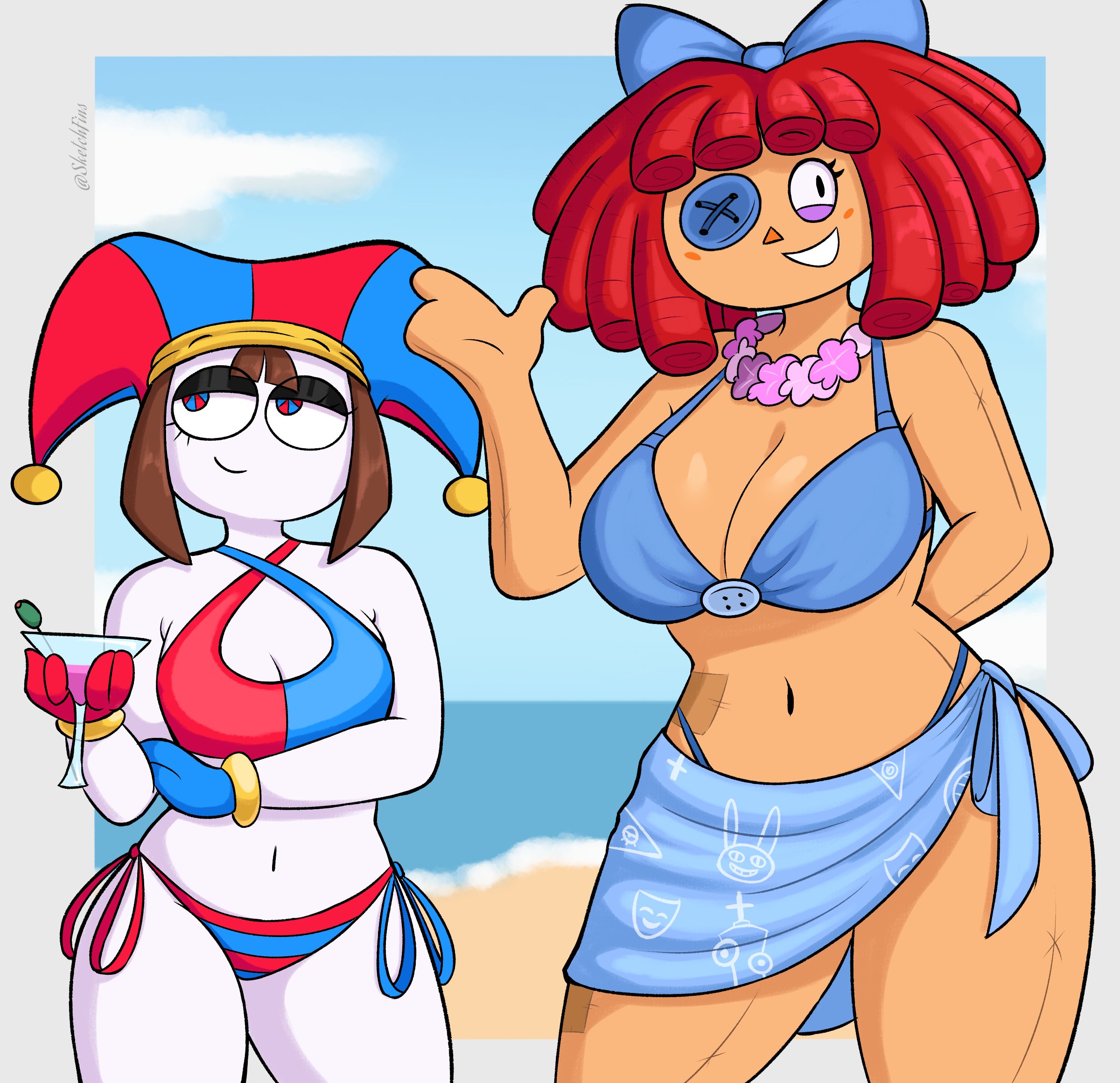 2girls, bikini, bikini skirt, bow, brown hair, button eye, cleavage, drinking glass, female, flower necklace, glitch productions, gooseworx, jester hat, jpg, lei, pomni, pomni (tadc), pomni (the amazing digital circus), ragatha, ragatha (tadc), ragatha (the amazing digital circus), red hair, sketchfins, swimsuit, tagme, the amazing digital circus, thighs, twitter link, yuri