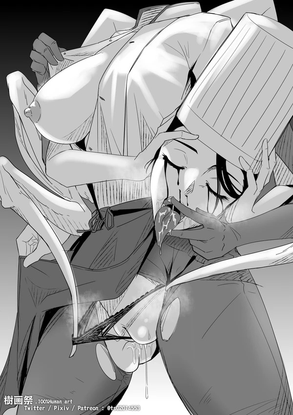 apron, big breasts, breasts, chainsaw man, chef, chef hat, chef uniform, falling devil (chainsaw man), female, monster, monster girl, one breast out, open clothes, open shirt, saliva, saliva trail, shirt open, tounge out