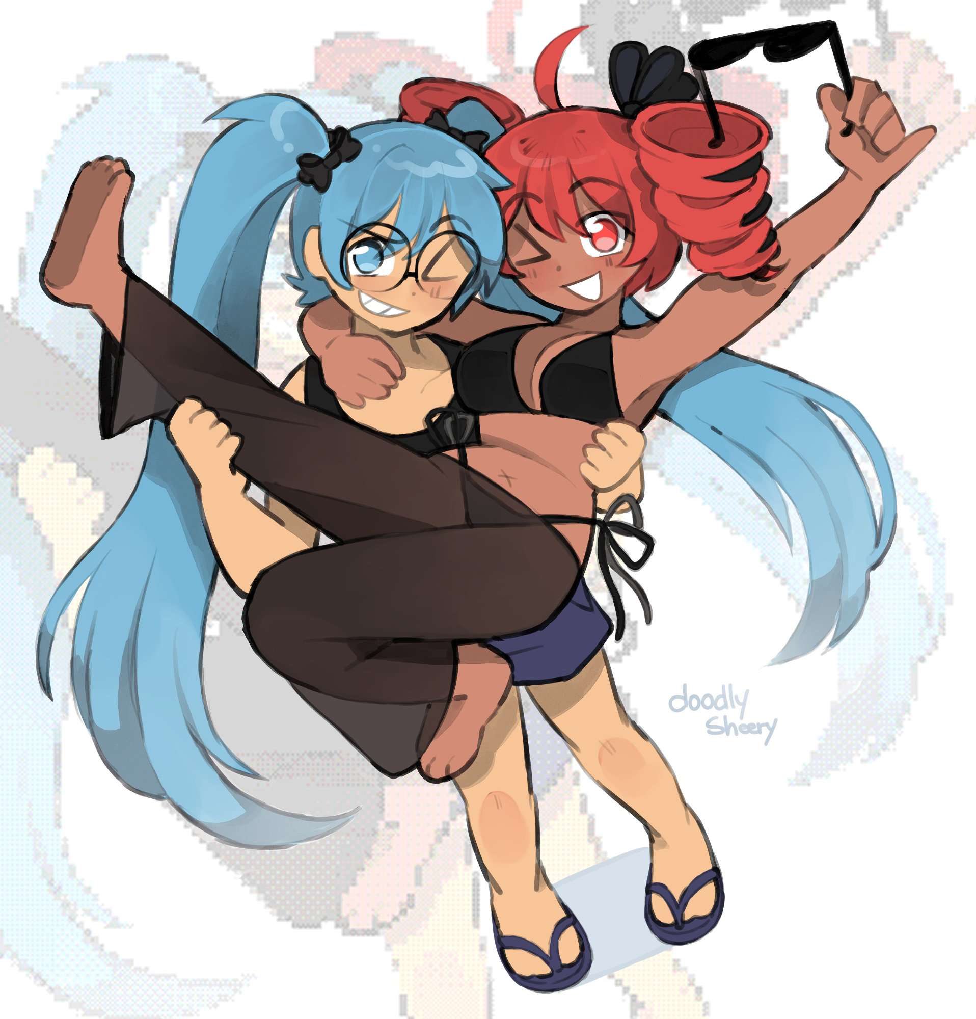 > o, 2girls, ahoge, alternate skin color, barefoot, belly, bikini, black bikini, black bow, black pants, blue eyes, blue hair, blush, bow, breasts, carrying, chubby, chubby female, crossover, dark skin, dark-skinned female, doodly sheery, drill hair, eyewear removed, feet, feet up, female, flip-flops, full body, glasses, grin, hair bow, hatsune miku, holding, holding eyewear, kasane teto, latina, latina female, light skin, light-skinned female, long hair, looking at viewer, multiple girls, navel, one eye closed, open mouth, pants, red eyes, red hair, round eyewear, sandals, sarah (kasaneteto real), shorts, side-tie bikini bottom, smile, sunglasses, swimsuit, tagme, twin drills, twintails, utau, very long hair