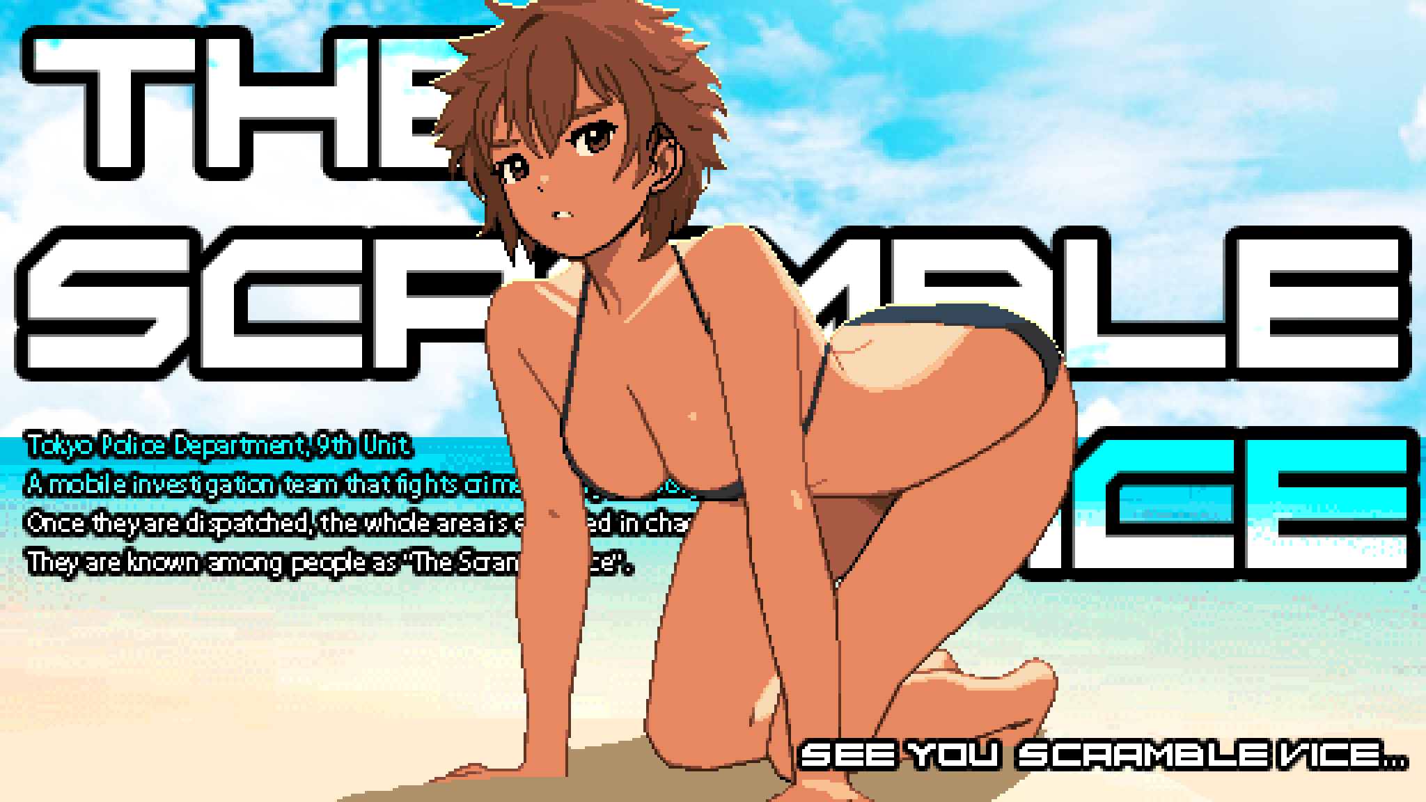 all_fours beach bikini breasts brown_eyes brown_hair cleavage cute doggy_style female female_only looking_at_viewer messy_hair official_art on_all_fours picopico256 pixel_art sakuragi_kei short_hair tanned tanned_female tanned_skin the_scramble_vice tomboy