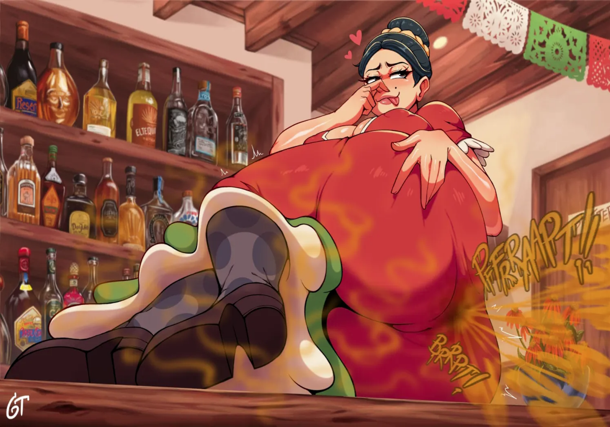 ass, beauty mark, bedroom eyes, big ass, big breasts, big thighs, black hair, blush, breasts, bubble ass, bubble butt, cantina, dress, enjoying farting, fart, fart cloud, fart fetish, farting, farting at viewer, fat ass, female, flowers, gassytank, gastank, hairbun, hearts around head, holding ass, holding nose, huge ass, kinky, latina, layla (jimmito v), liquor bottles, lying on counter, lying on table, mexican, mexican female, mexican girl, naughty face, original character, pinching nose, red dress, spreading cheeks, stink fumes, stinky, teasing, thick ass, thick thighs, tongue, tongue out, wilting, wilting flowers, wilting plants