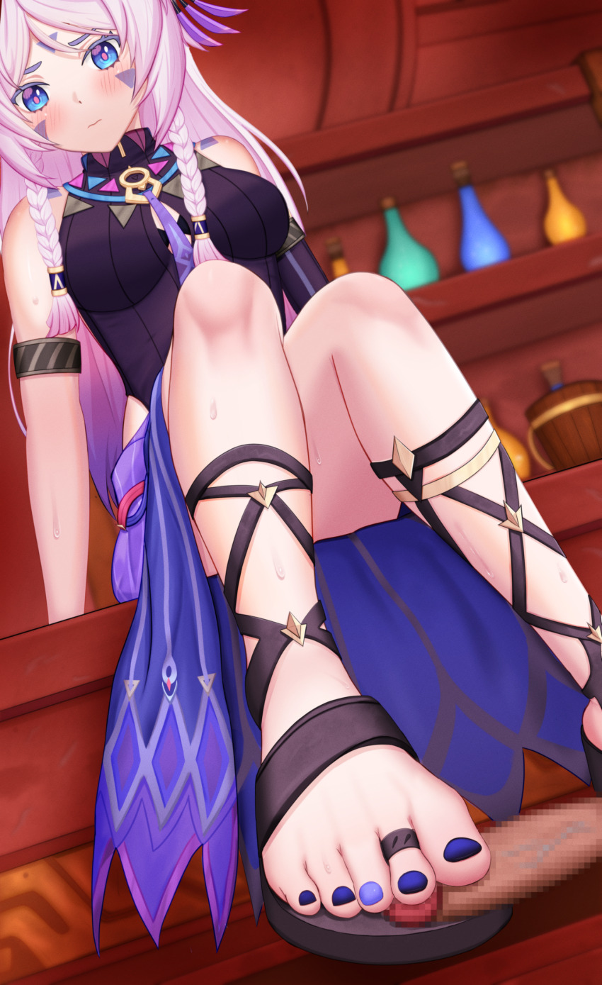 absurdres, blue eyes, blush, censored, citlali (genshin impact), denokoto, feet, female, footjob, genshin impact, highres, long hair, mosaic censoring, pink hair, sandaljob, sandals, shoejob, toes