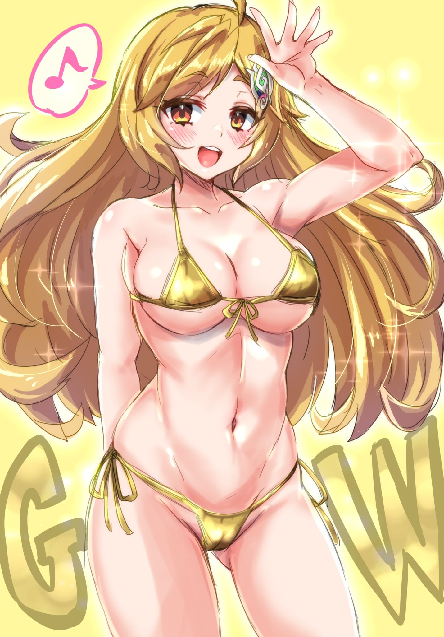 :d anno_shura arm_behind_back cameltoe cheerful curvy duel_masters female female_only gold_bikini golden_bikini golden_week hand_on_head happy large_breasts micro_bikini musical_note smile spoken_musical_note thighs upper_teeth_only van_beethoven,_zenith_of_"shura" voluptuous waving_hand