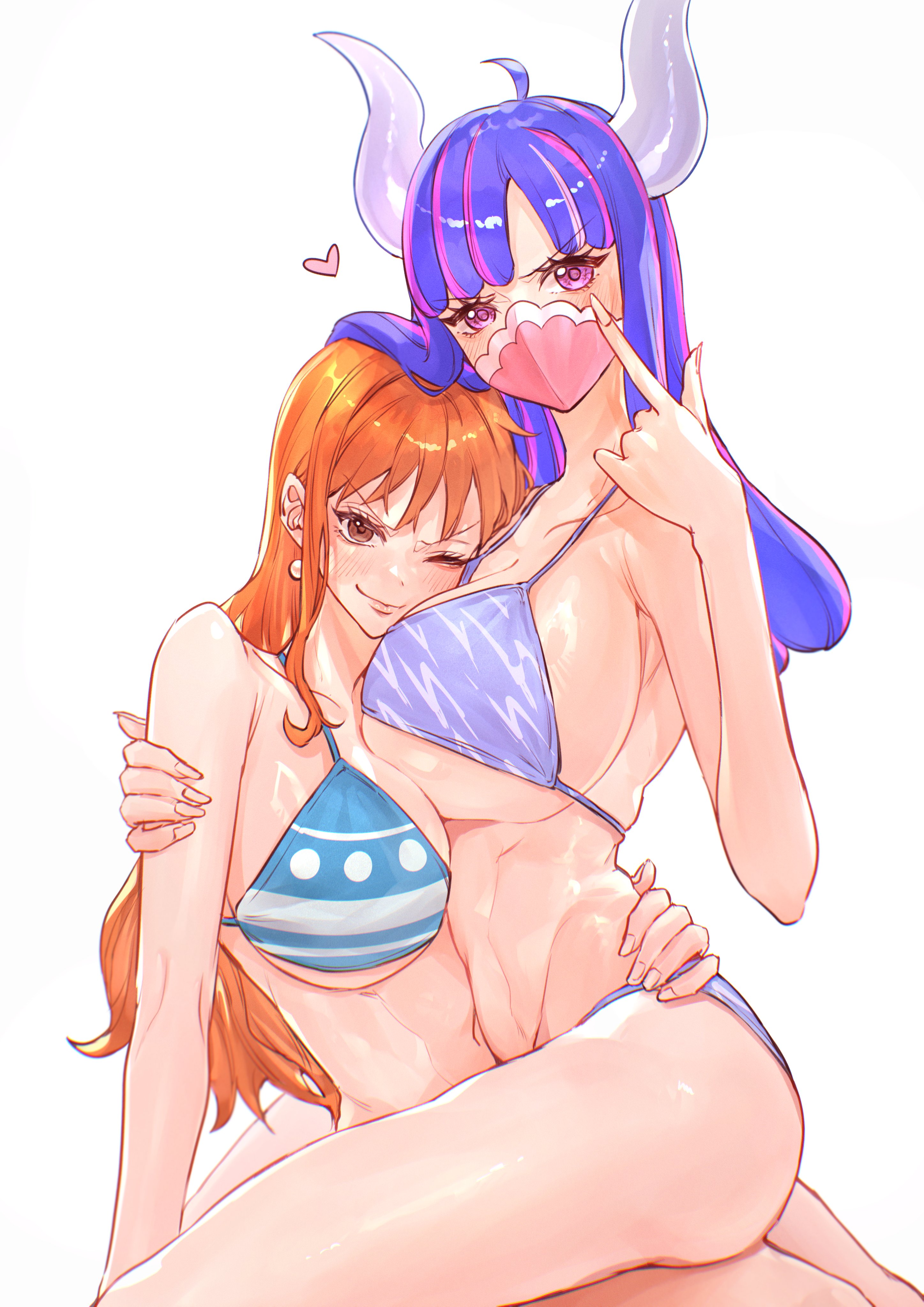2girls, arm around waist, arms around partner, big breasts, bikini, bikini bottom, blue hair, blue-haired female, breasts, busty, cleavage, clothing, curvy, enemies, female, female only, gesture, horns, huge breasts, long hair, looking at viewer, mask, masked female, nami (one piece), one eye closed, one piece, orange hair, orange-haired female, sc scandium, sitting, sitting on lap, sitting on person, thick thighs, ulti (one piece), voluptuous, yuri