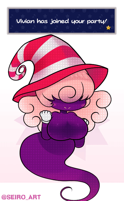 2021, 2d animation, animated, big breasts, breasts, clothing, digital media (artwork), english text, female, ghost, ghost tail, gloves, hair, handwear, hat, headgear, headwear, heart symbol, high framerate, humanoid, legless, lips, live2d, mario (series), motion tweening, nintendo, not furry, paper mario, pink hair, purple body, seiro art, shadow siren, short playtime, simple background, smile, solo, spirit, text, text box, vivian (mario), vivian (paper mario), white clothing, white gloves, white handwear, witch hat, yellow lips