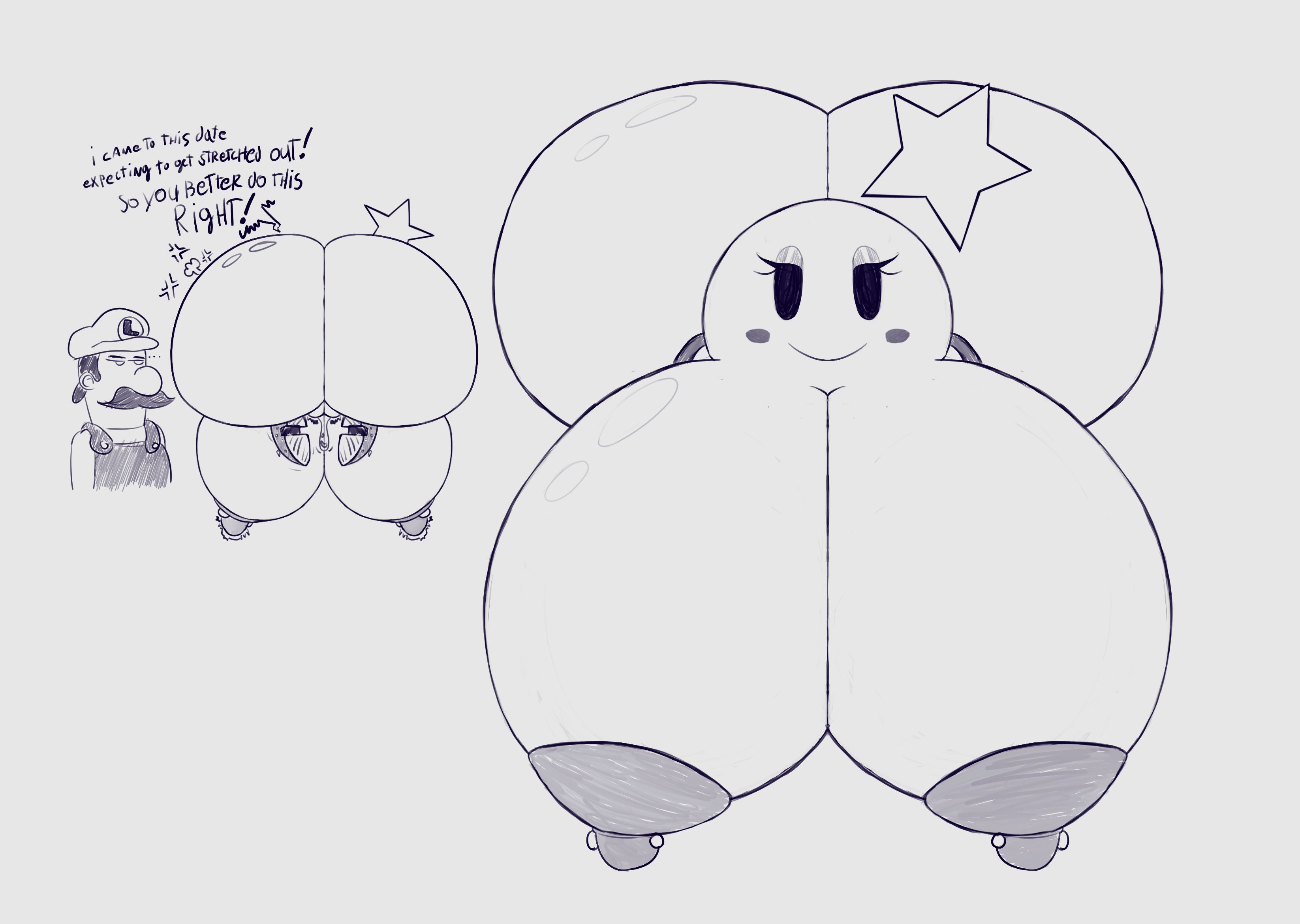 1boy, 1girls, ass, ball with boobs, ball with hyper features, big ass, big breasts, breasts, female, huge ass, huge breasts, hyper, hyper ass, hyper breasts, luigi, male, mario (series), mario and luigi (series), monochrome, nipple piercing, nipples, piercing, starlow, super mario bros., vierde28