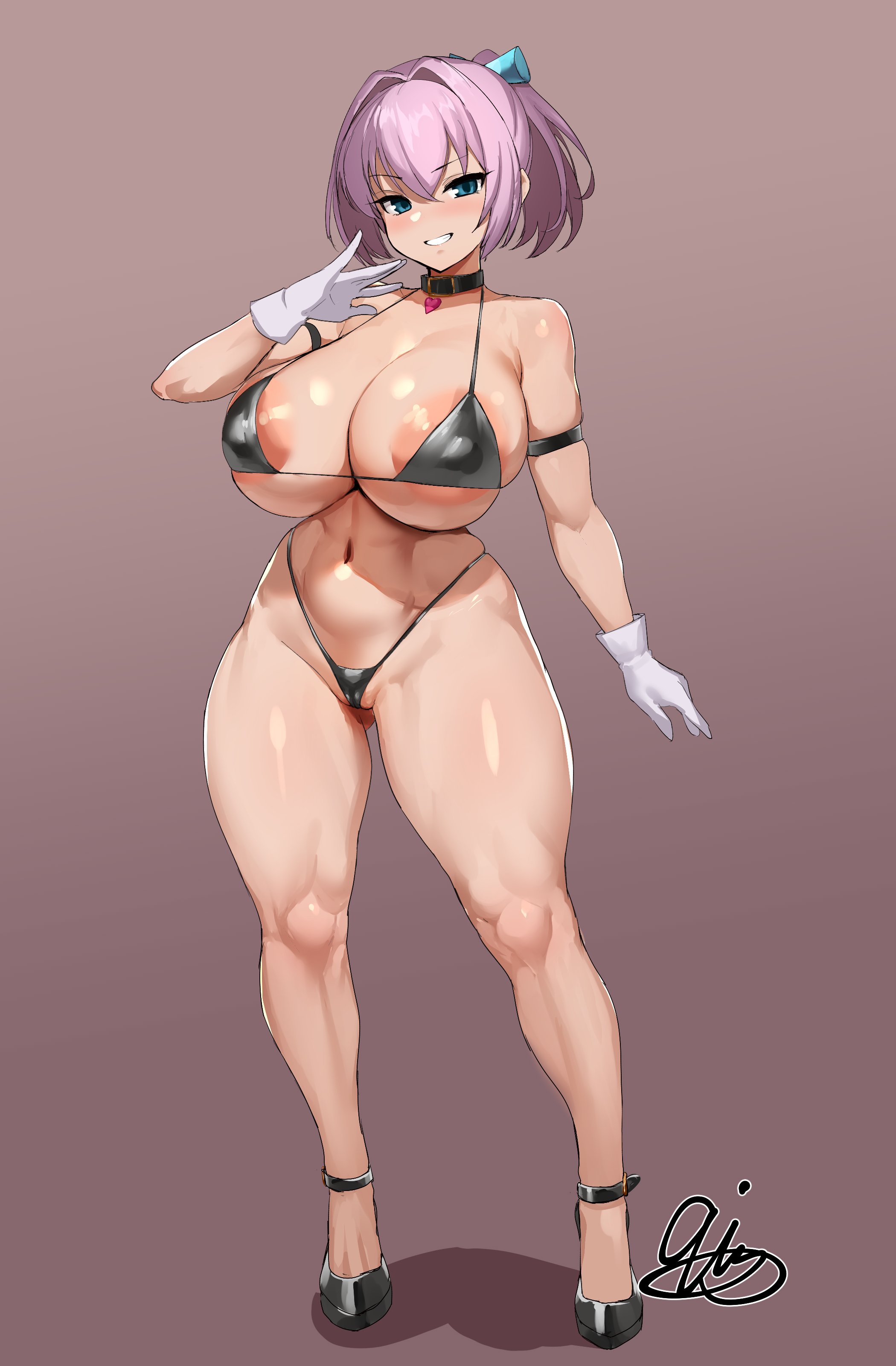 9is, absurdres, alternate breast size, aqua eyes, aqua ribbon, areola slip, arm strap, ass visible through thighs, bare shoulders, belt, belt collar, bikini, black belt, black bikini, black choker, black collar, black shoes, blush, breasts, cameltoe, choker, collar, collarbone, covered navel, female, gloves, grin, hair between eyes, hair intakes, hair ribbon, hand up, heart collar, highres, huge breasts, kantai collection, knees, looking at viewer, medium hair, micro bikini, navel, pink background, pink hair, ponytail, pussy, ribbon, shiranui (kantai collection), shoes, signature, smile, solo, stomach, swimsuit, thighs, white gloves
